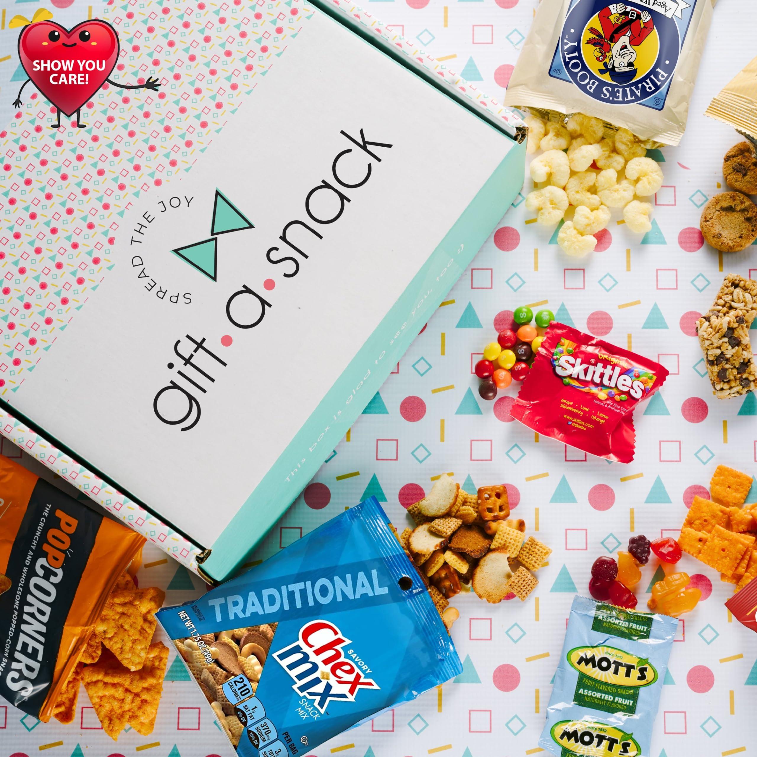 Nut Cravings Gift A Snack - Valentines Day Snack Box Variety Pack Care Package + Greeting Card (40 Count) Galentines Birthday Sweet Treats Gift Basket, Candies Chips Crackers Bars Corporate Gifts