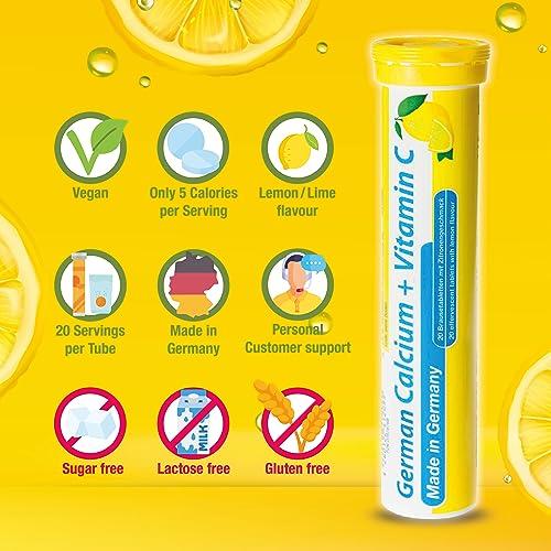 T&D German Calcium + VIT. C - 100 Vegan Drink Effervescent Tablets - Lemon Lime Flavor - Made in Germany