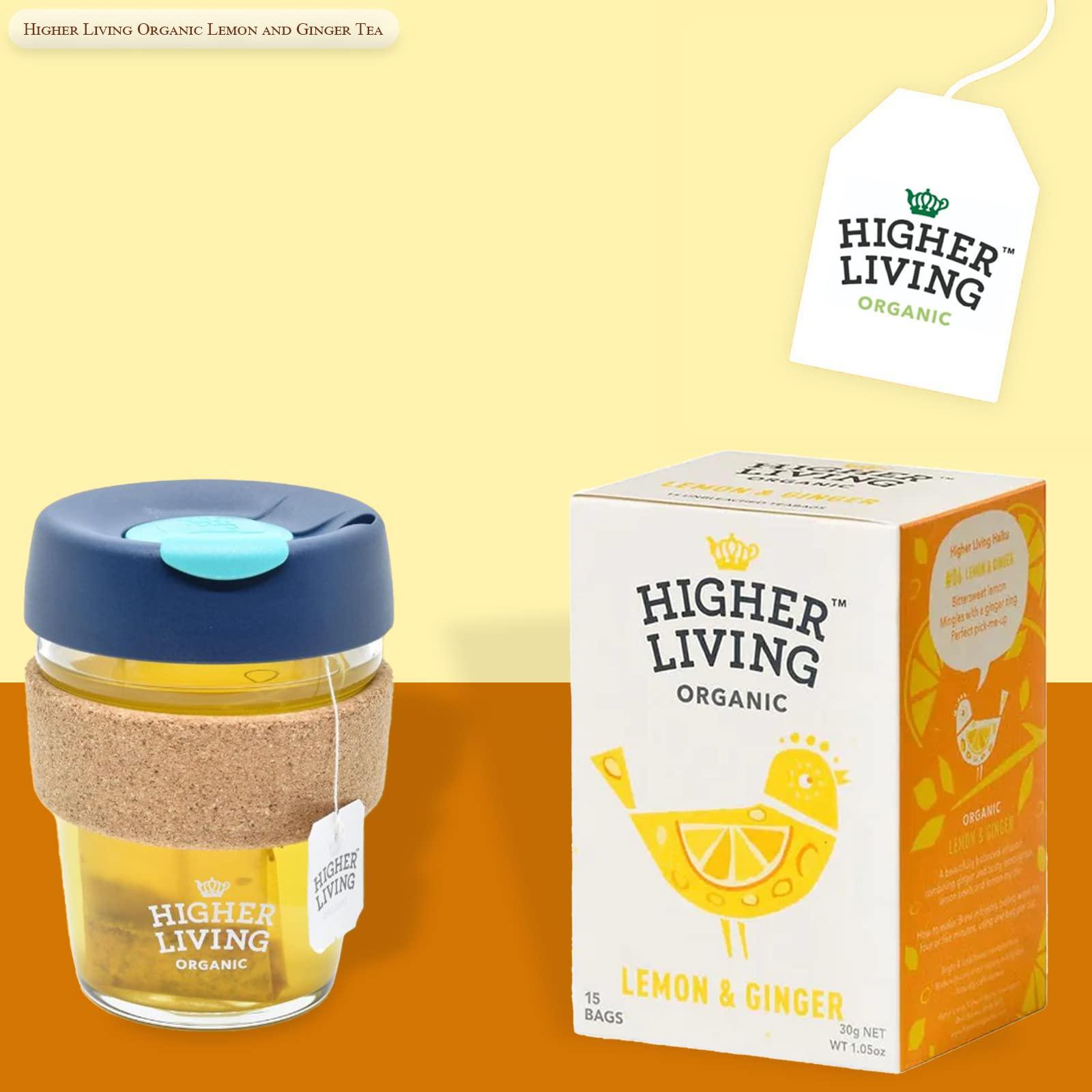 Higher Living Higher Living Organic Lemon & Ginger Herbal Tea - 15 Teabags | with Licorice Root, Lemongrass, Lemon Peel & More | Tangy & Spicy Flavor | Caffeine Free | Use as Hot or Iced Tea | 1.05oz/30g