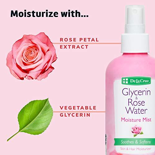 De La Cruz De La Cruz Rose Water and Glycerin Spray for Face - Rosewater Facial Toner and Moisturizer Mist for Skin and Hair 8 fl oz (236 mL)