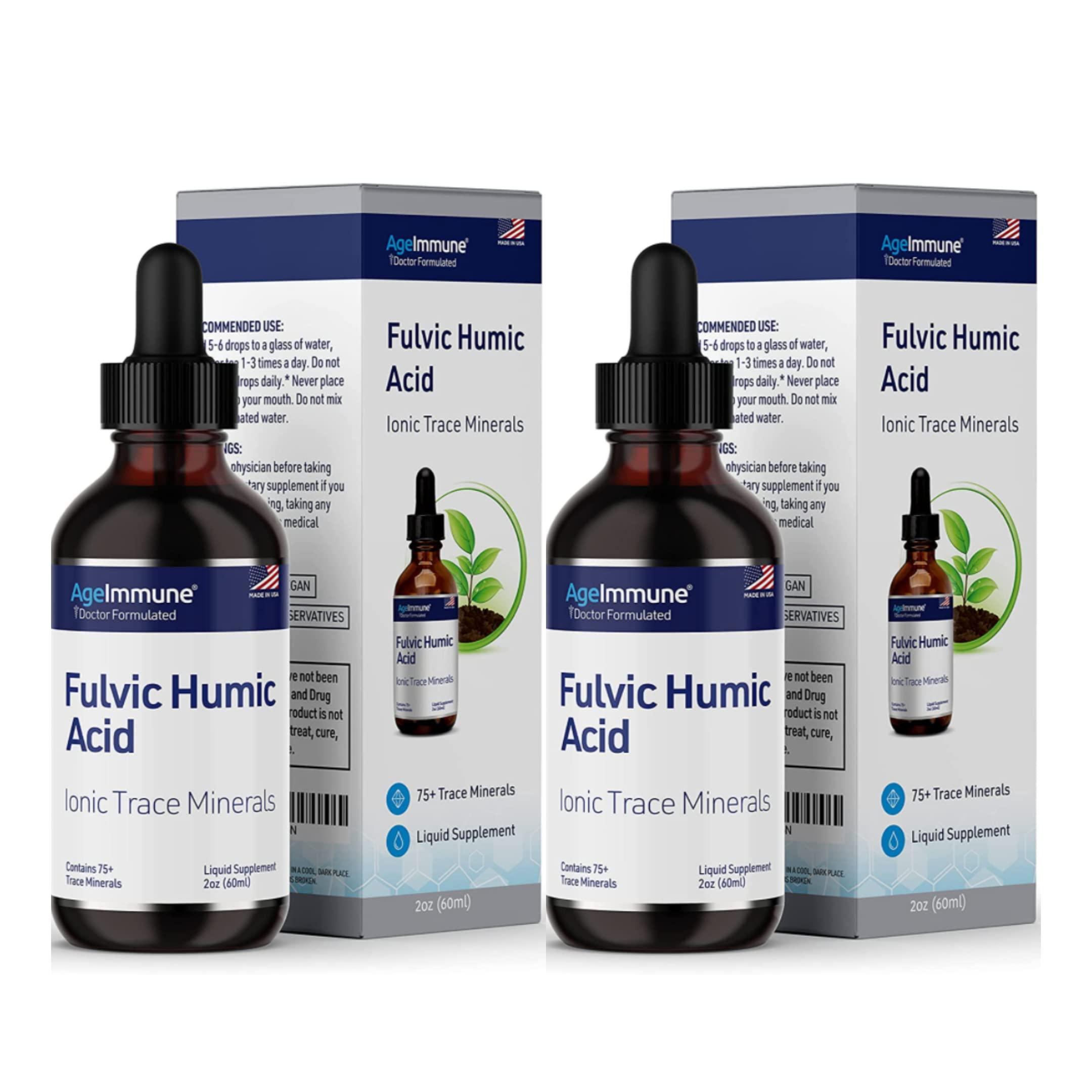 AgeImmune Fulvic Humic Acid Liquid Supplement. Plant Derived Mineral Drops, Over 75 Trace Minerals for Energy Boost. Up to 8 Months Supply. Concentration 250%. 2oz Each. 2 Bottles.