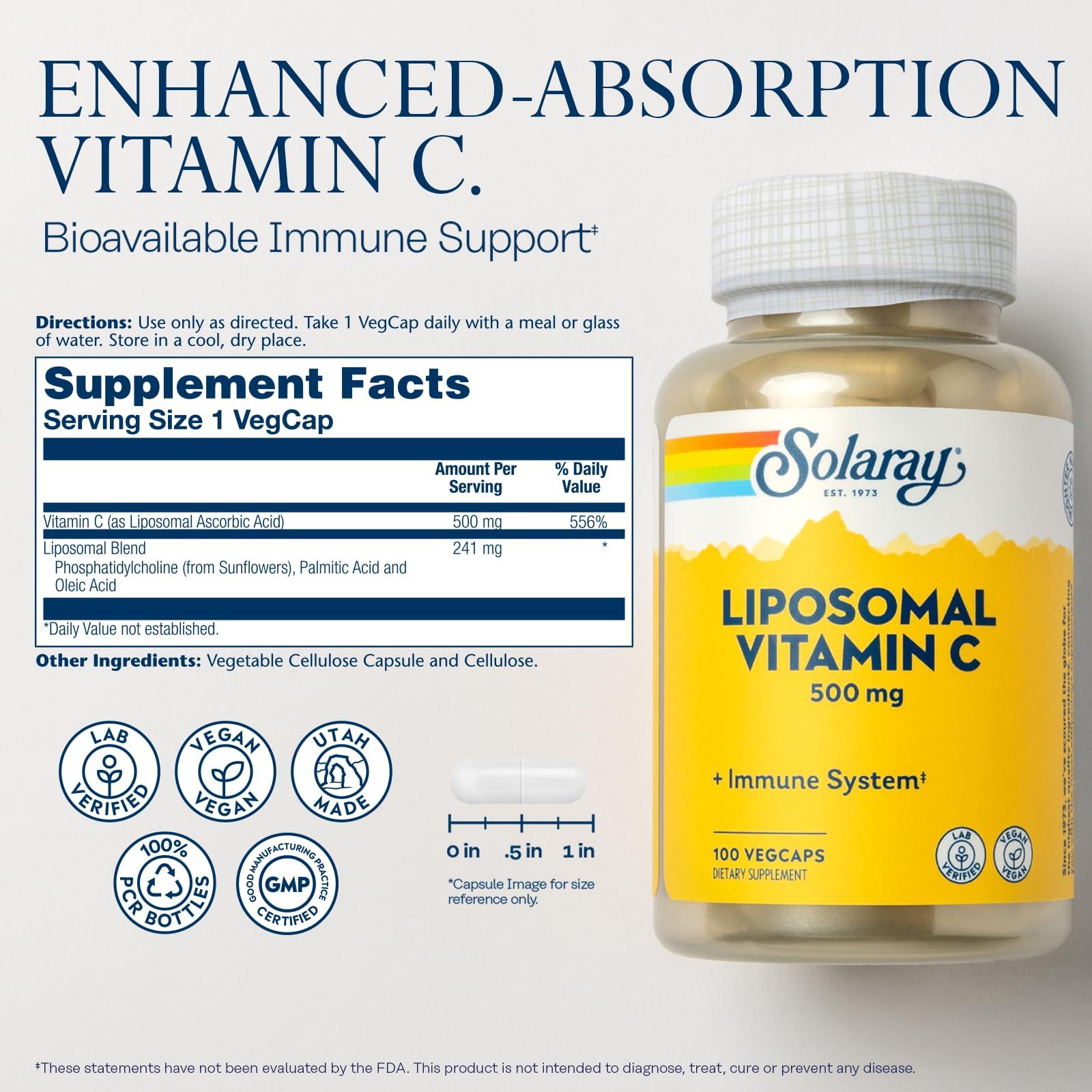 SOLARAY SOLARAY Liposomal Vitamin C 500mg - Enhanced Absorption Vitamin C Liposomal Blend with Fatty Acids - Antioxidant and Immune Support Supplement - Vegan, 60-Day Guarantee, 100 Servings, 100 VegCaps