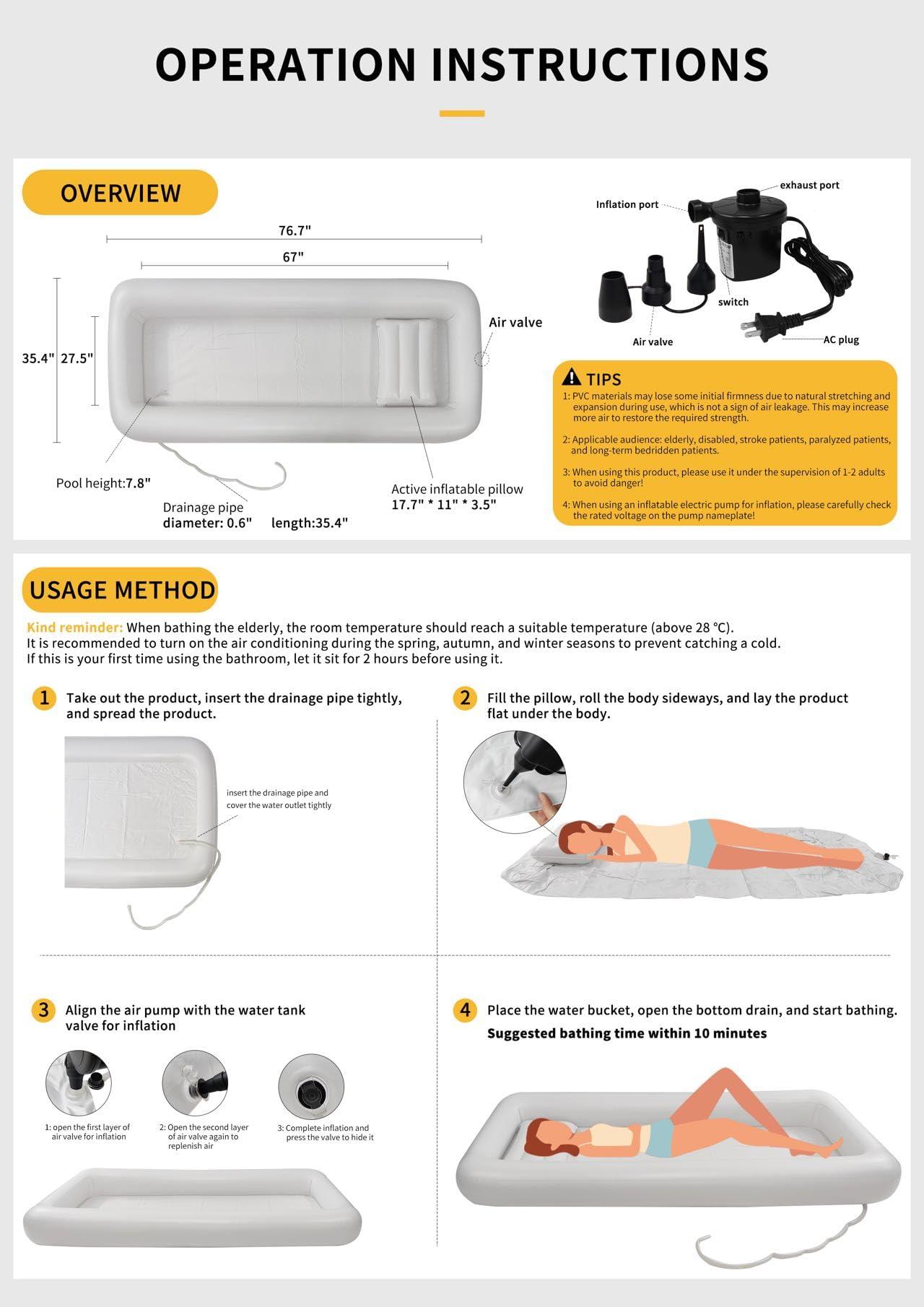 JJFFTAO JJFFTAO,Medical Inflatable Bathtub,Bed Bath,Medical PVC Bedside Shower bathtubKit,Bed Shower for Patients with Reduced Mobility,Bedside Water Bag+Electric air Pump+Medical Inflatable Shampoo Basin