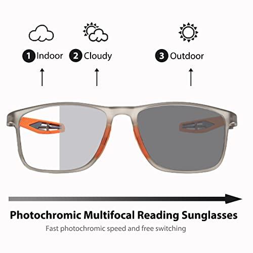 K.LAVER Photochromic Progressive Multifocus Reading Glasses Men Women Extremely Lightweight TR90 Frame Blue Light Blocking Multifocal Computer Readers Spring Hinge No Line Eyeglasses Transition Sunglasses 1.0