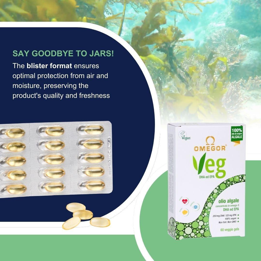 OMEGOR Omegor Veg Omega-3 Vegan (60 Capsules) Plant-Based Omega-3 Derived from Algal Oil, Enriched with Vitamin E Contains 250mg DHA and 125mg EPA per Capsule IFOS and Vegan Society Certified