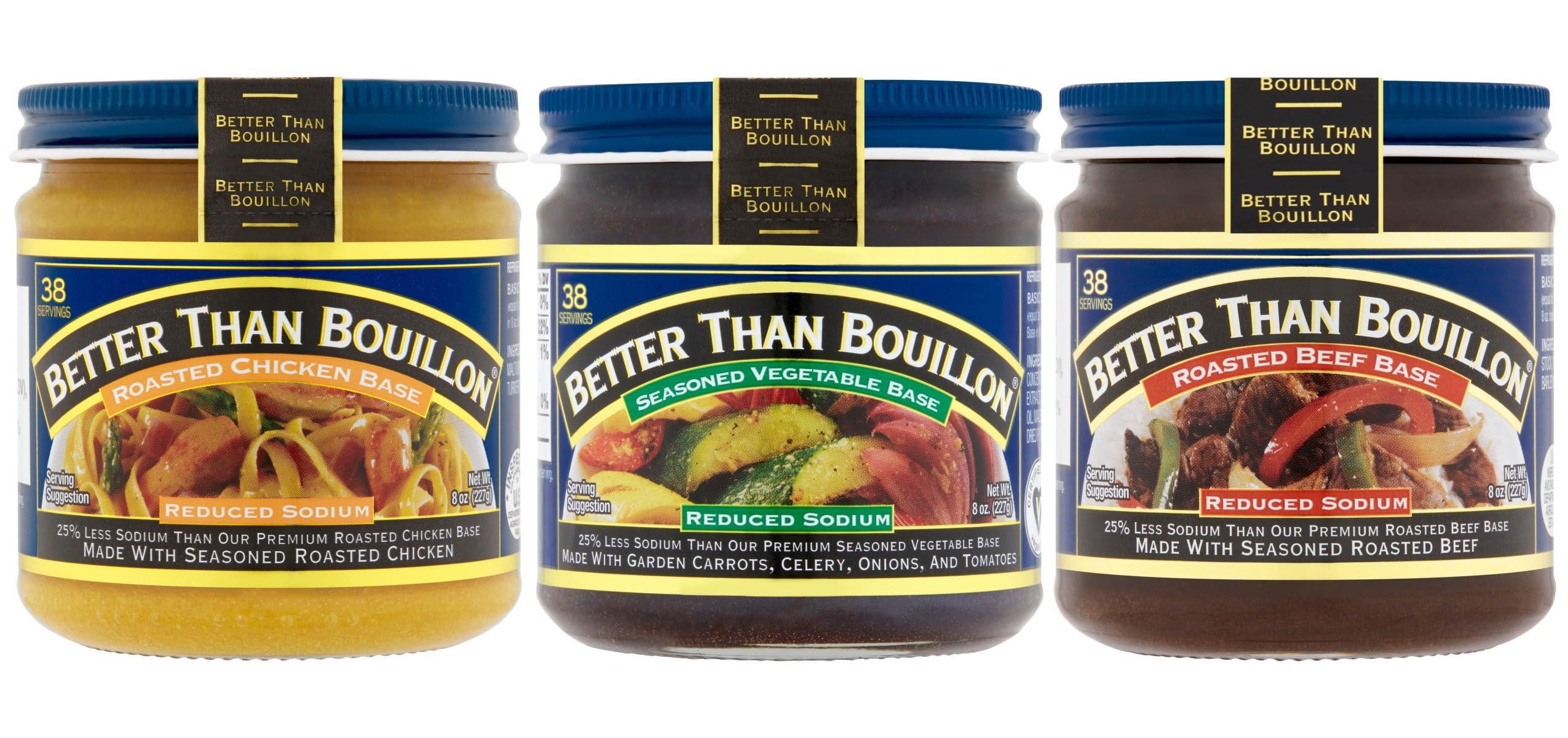 Better Than Bouillon Better Than Bouillon Brand, Reduced Sodium Variety Pack with 1 Chicken Base, 1 Beef Base and 1 Vegetable Base, 8 Ounce Jars (Pack of 3)