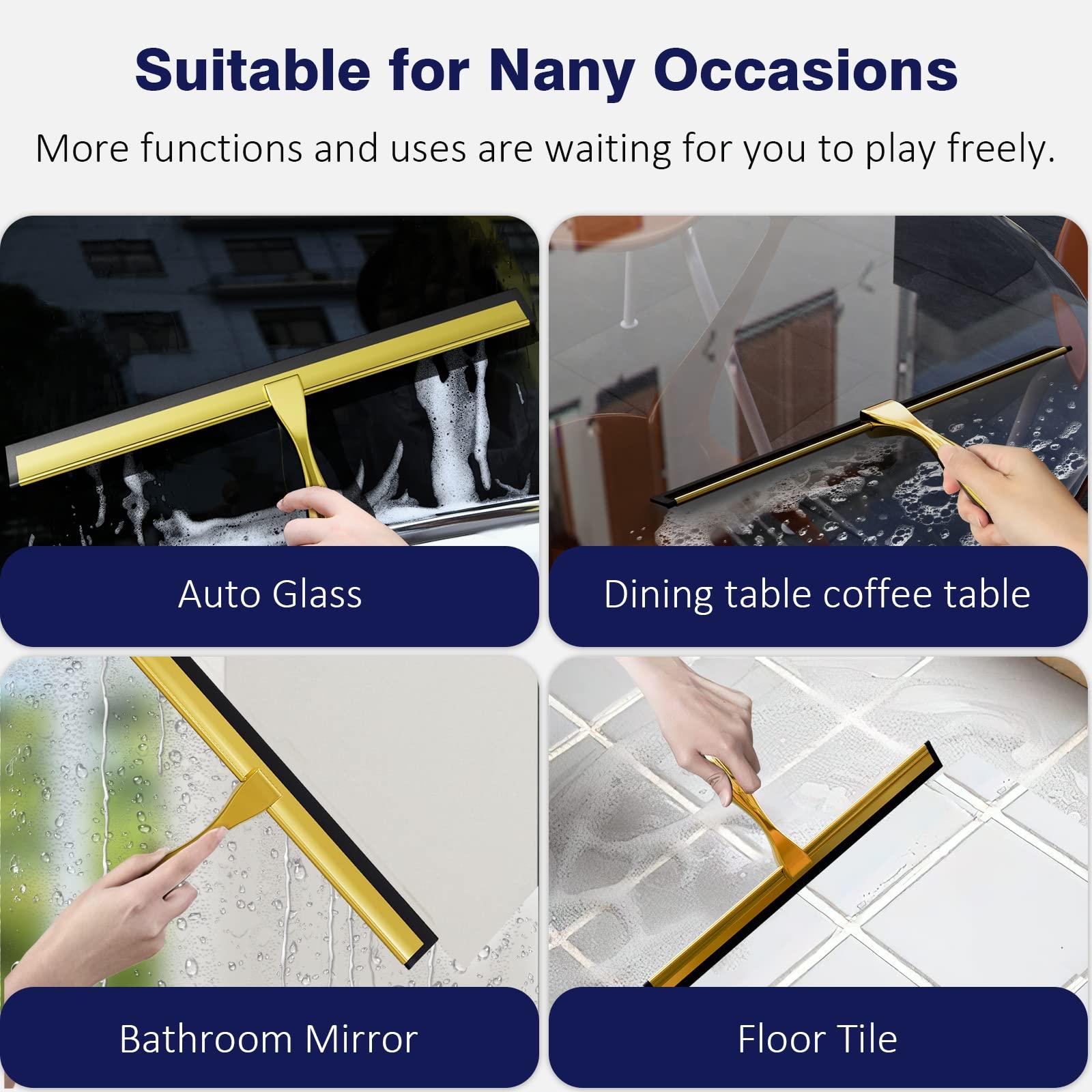 TOOVEM A FAMILY OF MANUFACTURERS TOOVEM 14 Inch Shower Squeegee for Glass Doors, Window, Bathroom, Car Windshield, Shower Cleaning Tools with S Hook, Square Sticky Hook (Gold)