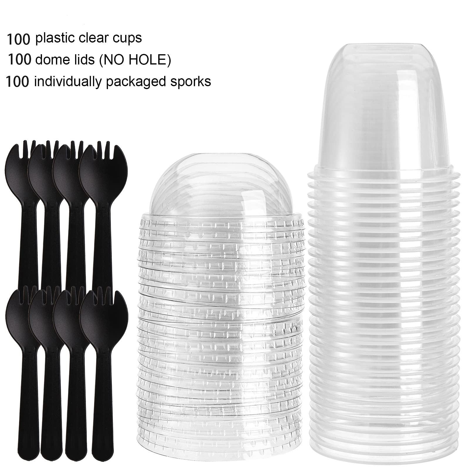 Nicunom Nicunom 100 Pack 12 oz Clear Dessert Cups with No Hole Dome Lids & Sporks, Plastic Parfait Cups, No Leaking Disposable Party Cups for Ice Cream Fruit Cake Snack Yogurt Cold Drink