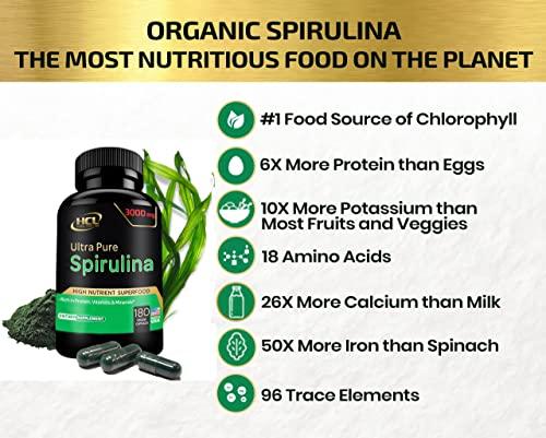 HCL HERBAL CODE LABS Organic Spirulina Powder Capsules 3000 mg - Purest Non-Irradiated Blue Green Algae - Best Raw Vegan Protein - Green Superfood - Natural Multivitamins – 180 Pills Made in The USA