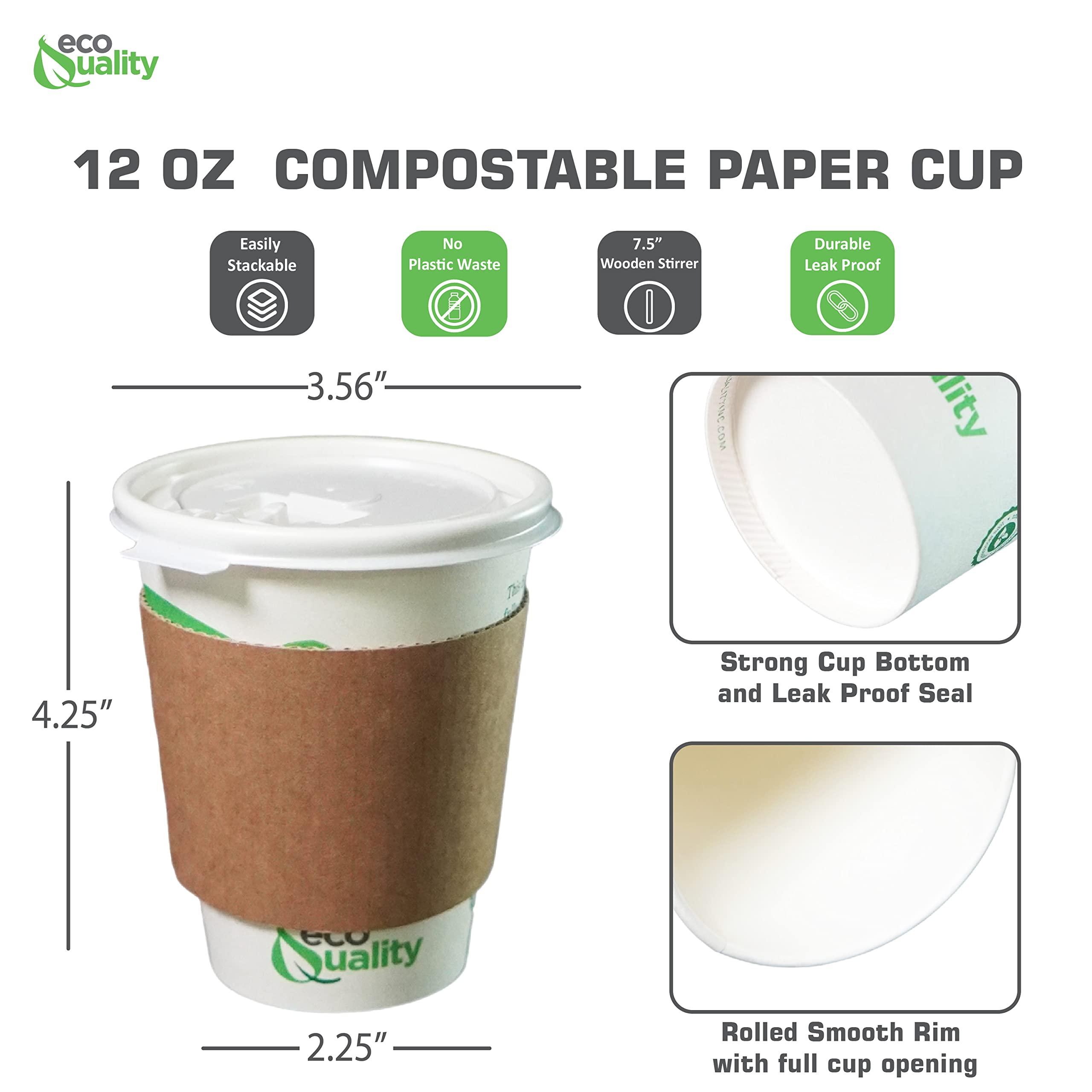 EcoQuality 12 oz Compostable Paper Cups with White Flat Lids, Sleeves and Wooden Stirrers - Biodegradable Disposable White Paper Coffee Cups PLA Lined - Eco-friendly Hot and Cold Drinking Cups (1000)