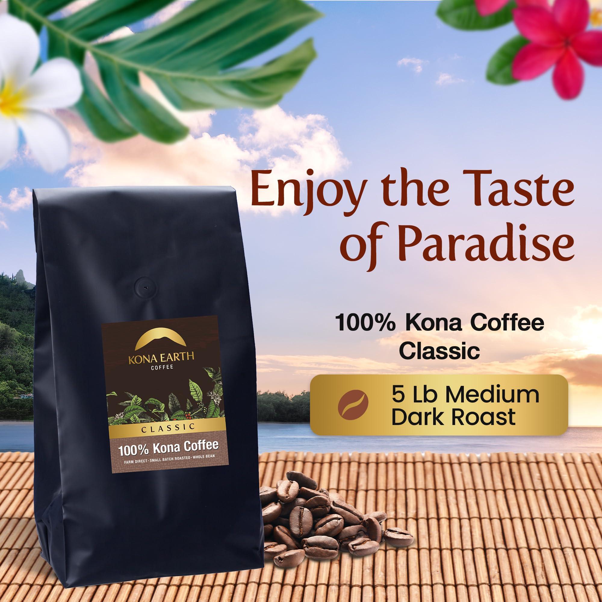 Kona Earth Kona Earth - Private Estate Farm Fresh, 100% Kona Coffee, Medium Dark Roast Coffee, Single-Estate Grown Micro-Batch-Roasted Whole Coffee Beans, 5 lbs. (Pack of 1)