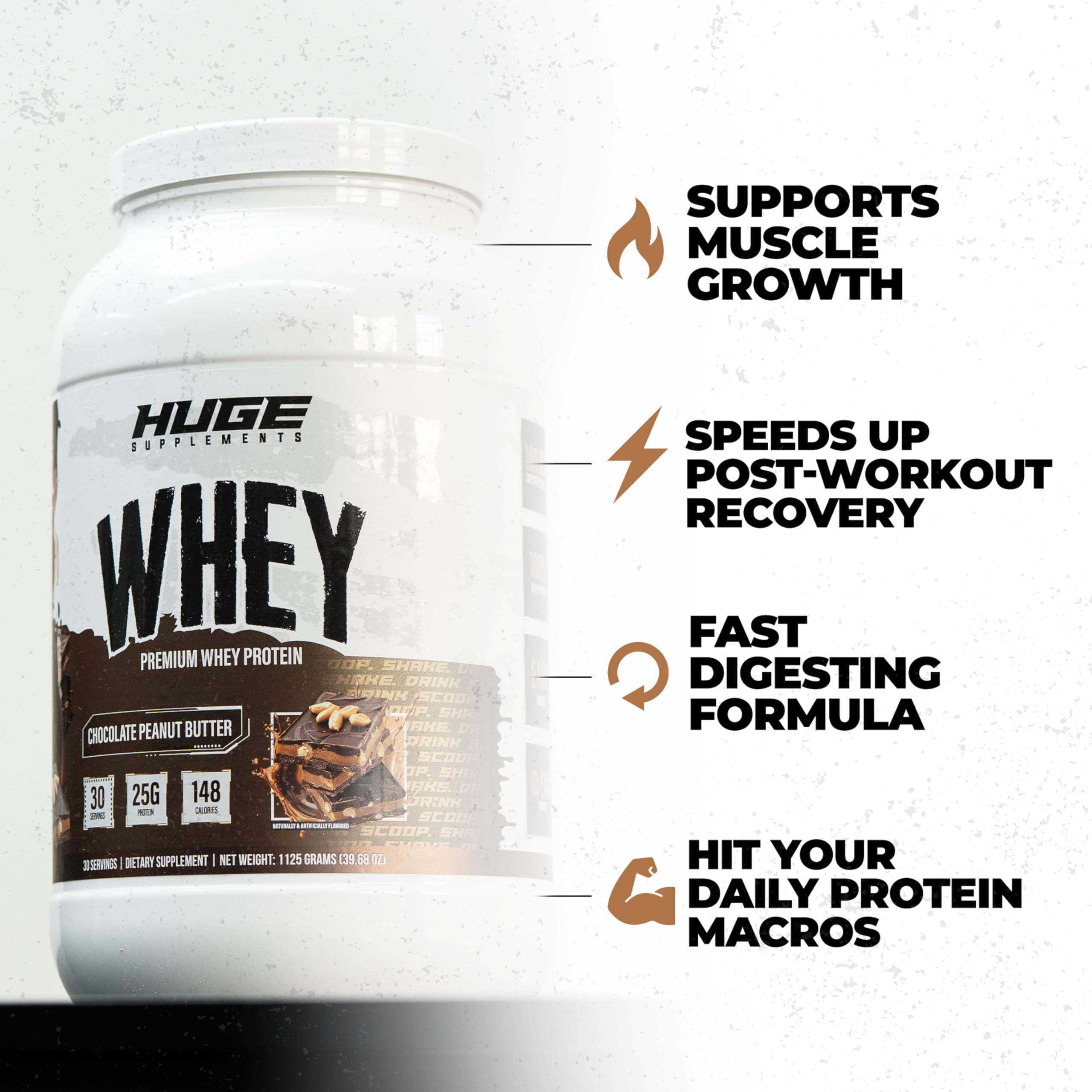 Huge Supplements Huge Whey, Protein Powder for Muscle Gain, 25g Protein, 12g EAAs, Supports Muscle Growth, Performance & Recovery (Chocolate Peanut Butter, 30 Servings)