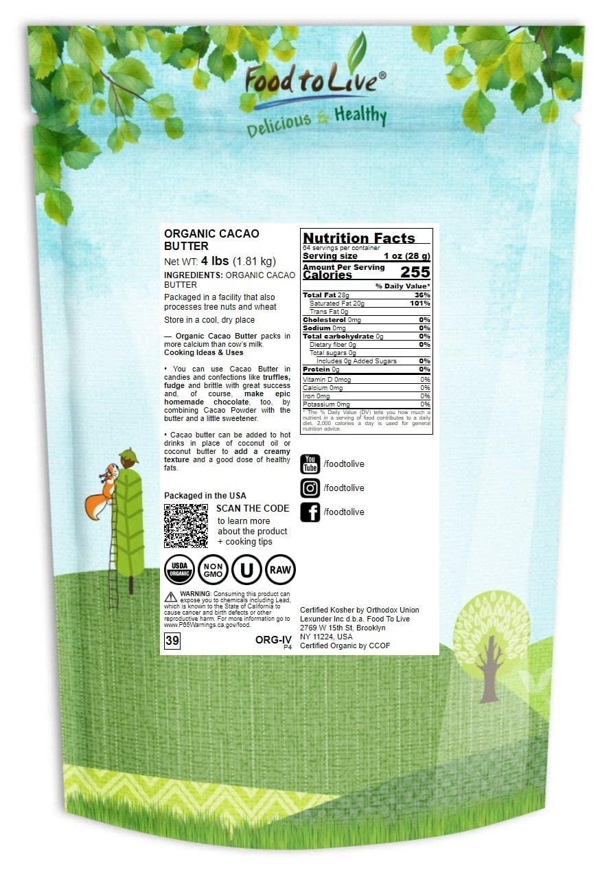 Food to Live Food to Live Organic Cacao Butter Wafers, 4 Pounds Non-GMO, Raw, Pure, Unfiltered, Unrefined, Keto, Vegan Superfood, Bulk, Made Using a Cold Pressing, Great for Cooking and Baking, Sirtfood