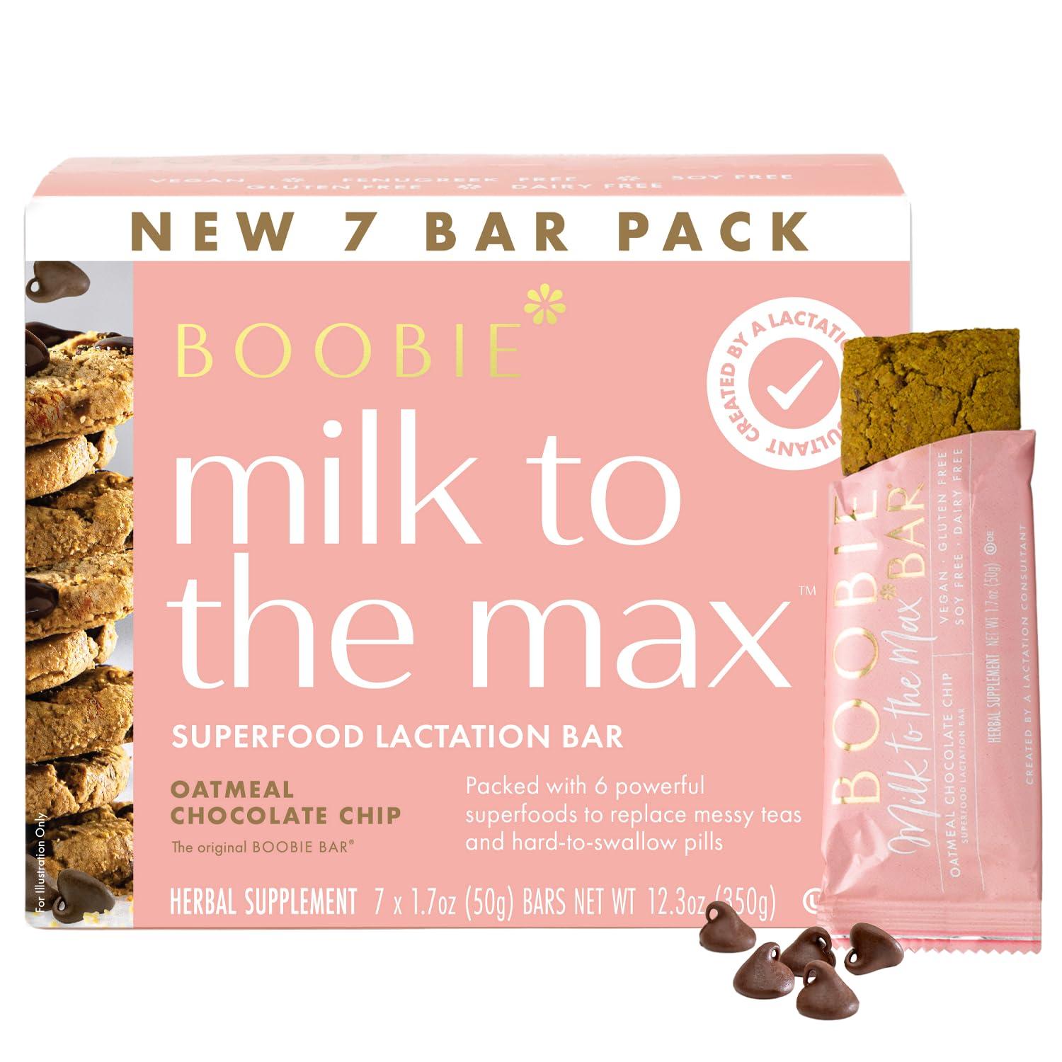 Boobie Brands Boobie Bar Superfood Oatmeal Chocolate Chip Lactation Bar for Breastfeeding Moms to Increase Milk Supply | #1 Selling Lactation Snack Bars | Vegan, Fenugreek-Free, Gluten-Free, Dairy-Free (7 Bars)