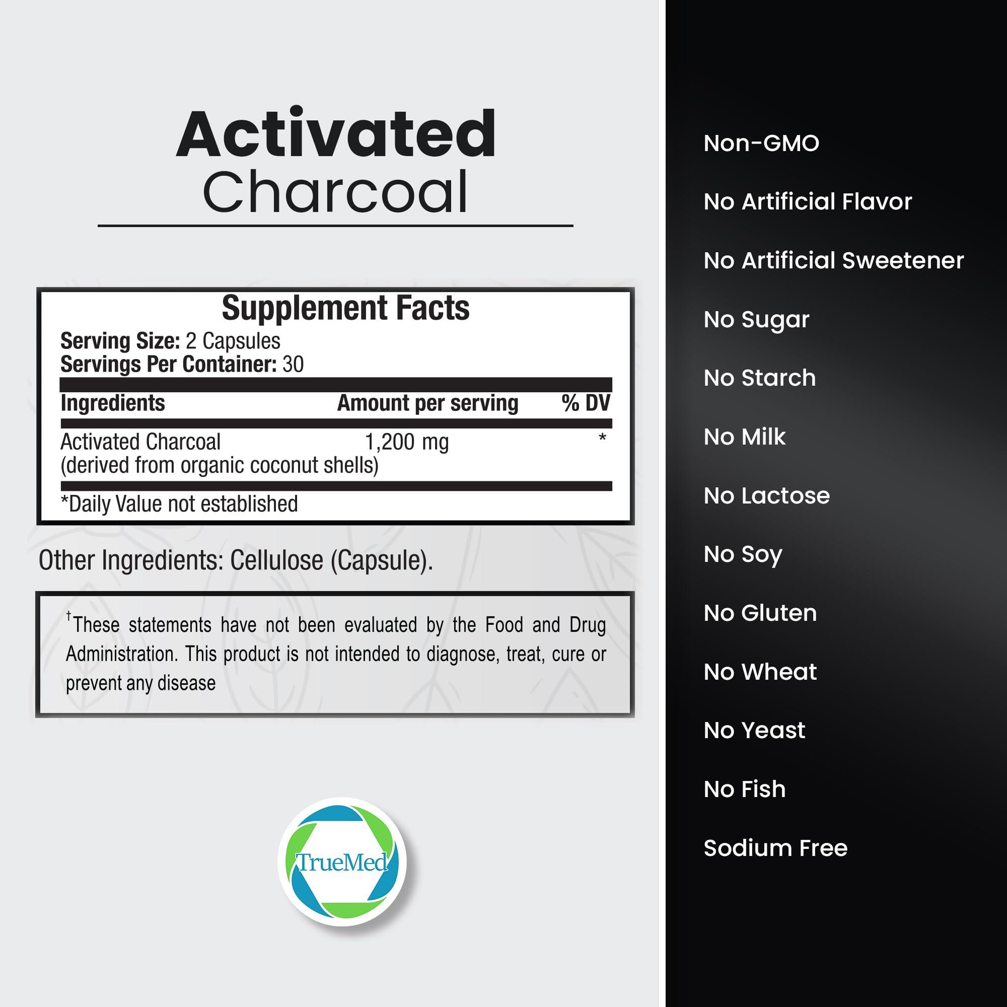 TRUEMED TRUEMED Activated Charcoal Organic Coconut Shell Derived Charcoal Capsule,1200mg, 60 Capsules, Support Detox & Digestive Health, Activated Charcoal Capsules for Health-Conscious Individuals