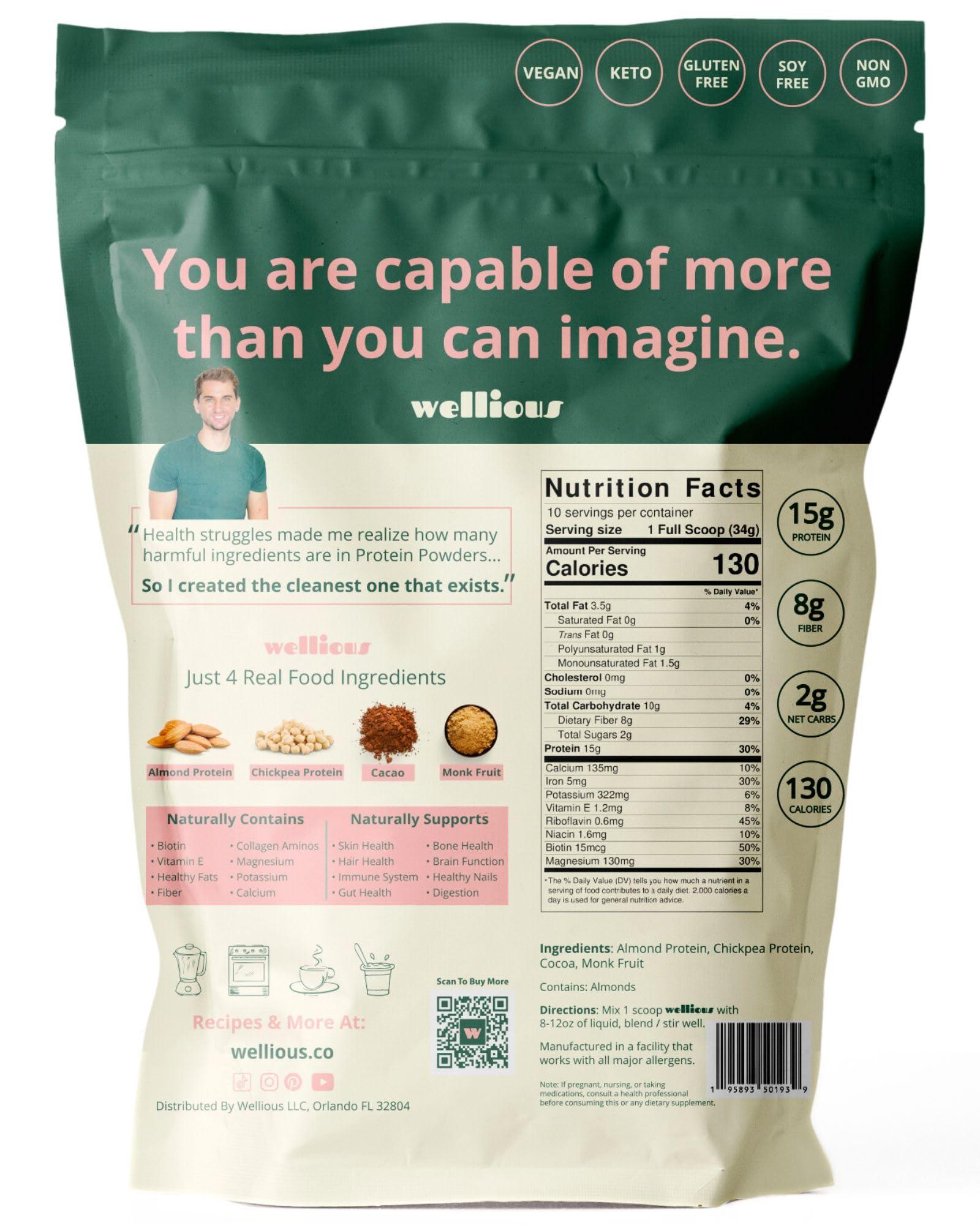 wellious wellious - Clean Vegan Protein Powder - 2 Pack, 1 Chocolate and 1 Vanilla - for Gut Health, Plant Based, Keto, No Sodium, High Fiber, Dairy Free, for Women and Men