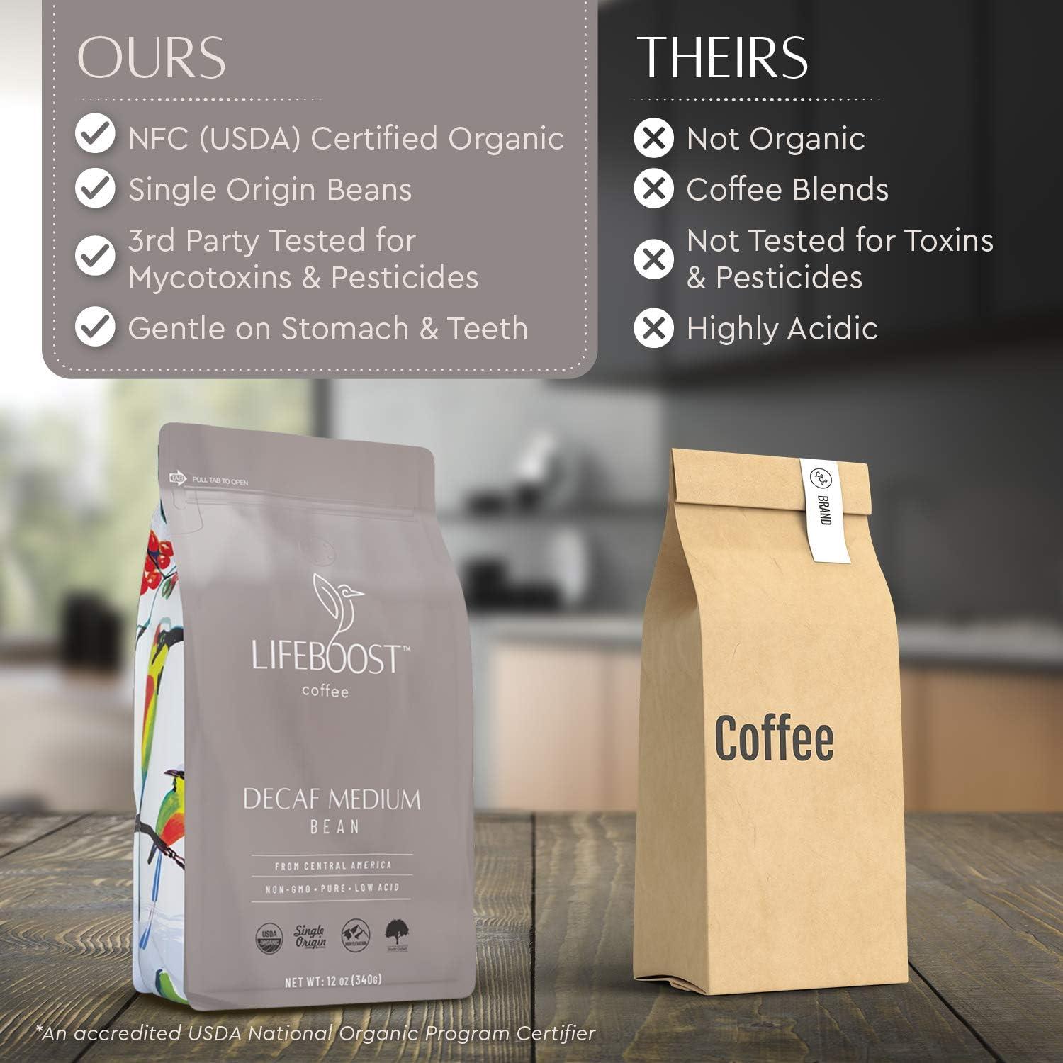 LIFEBOOST Lifeboost Coffee Medium Decaf Coffee Beans - Swiss Water Decaf Coffee - Low Acid Organic Decaf Coffee Beans - Third Party Tested For Mycotoxins & Pesticides - Whole Bean - 12 Ounces