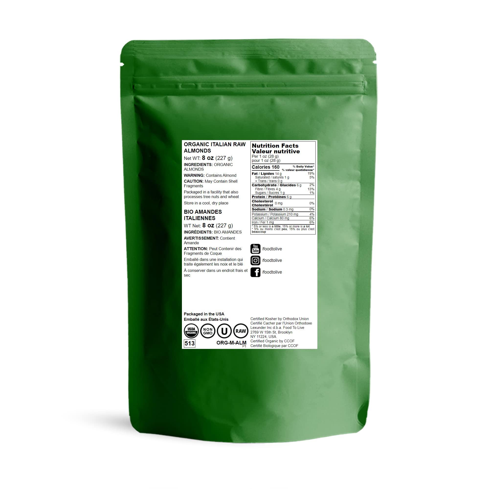 Food to Live Food to Live - Organic Almonds, 8 Ounces Non-GMO, Whole, Raw, No Shell, Unpasteurized, Unsalted, Vegan, Kosher, Bulk. Keto Snack. Good Source of Vitamin E, Protein. Great for Almond Milk, Nut Butter.