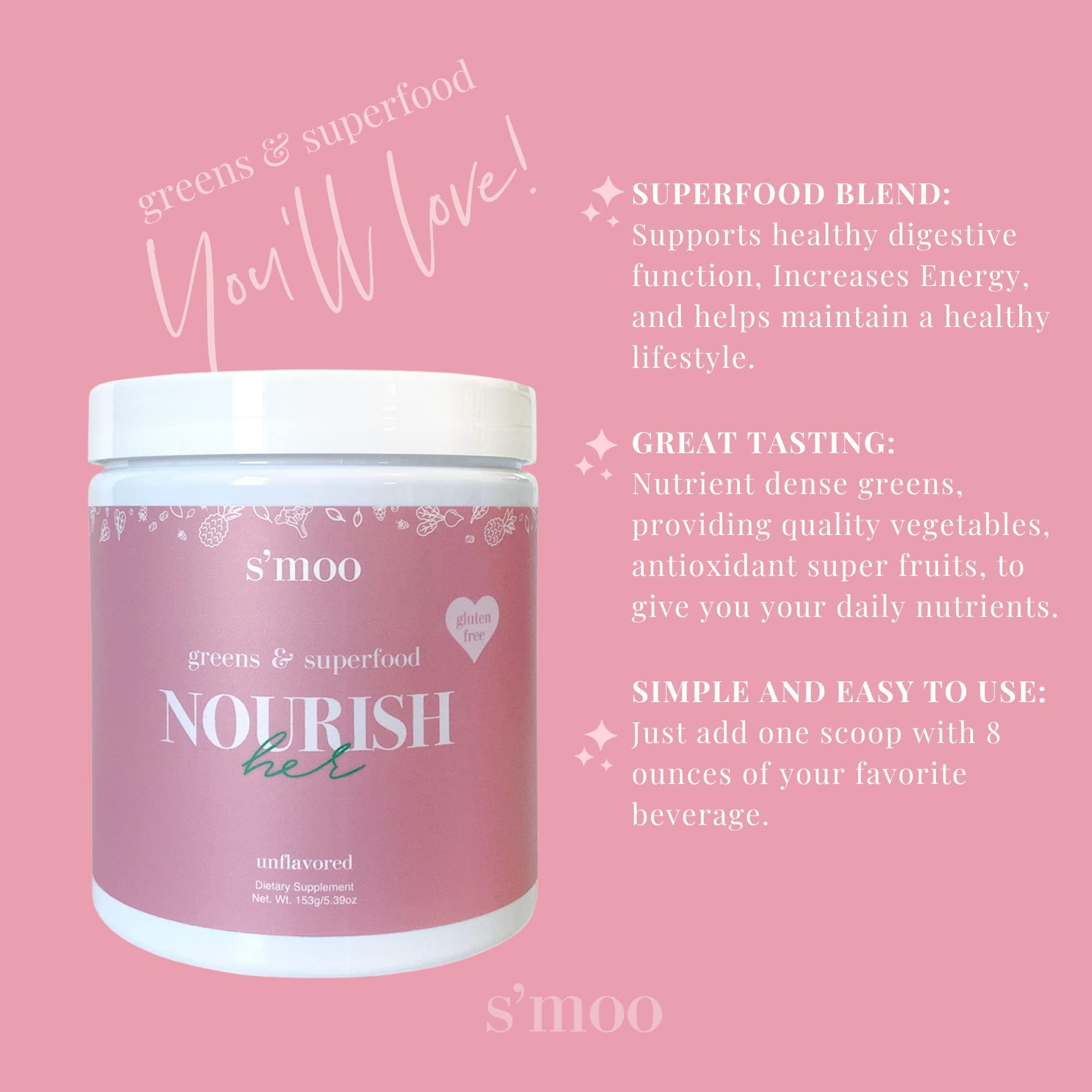 S'moo Nourish(her) - Greens Blend Superfood: Super Greens Powder with Spirulina, Chlorella, Beet Root Powder - Gluten Free - Digestive Health, Immunity, Nutrition, Alkalizing, Energizing - 30 Servings