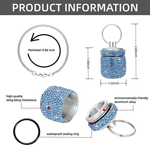 EveryBling Bling Rhinestone Pill Bottle Organizer Daily Travel Pill Case Container Ring Holder Small Medicine Holder Box for Vitamin Supplement Gum with Keychain(Light Blue)