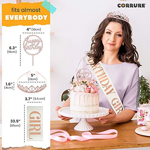 CORRURE CORRURE 'Birthday Girl' Sash, Rhinestone Tiara, and Cake Topper Set - Happy Birthday White Glitter Sash and Crown for Women's Sweet 16, 18th 21st 25th 30th 40th 50th or Any Other Bday Party