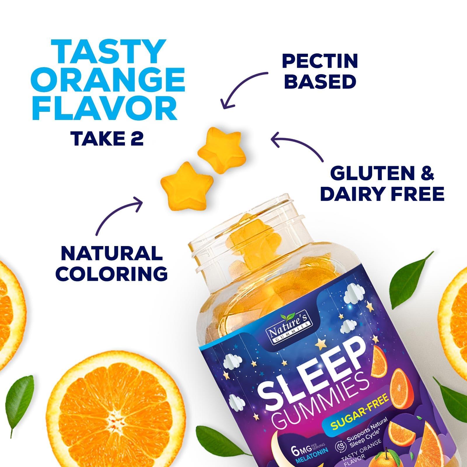 Nature's Gummies Sleep Gummies for Adults 6mg - Sugar Free Extra Strength Melatonin Gummy, Natural Sleeping Gummy for Adults, Kids, Orange Flavored, Vegan, Non-GMO, Sleep Vitamin Support Supplement - 60 Gummies