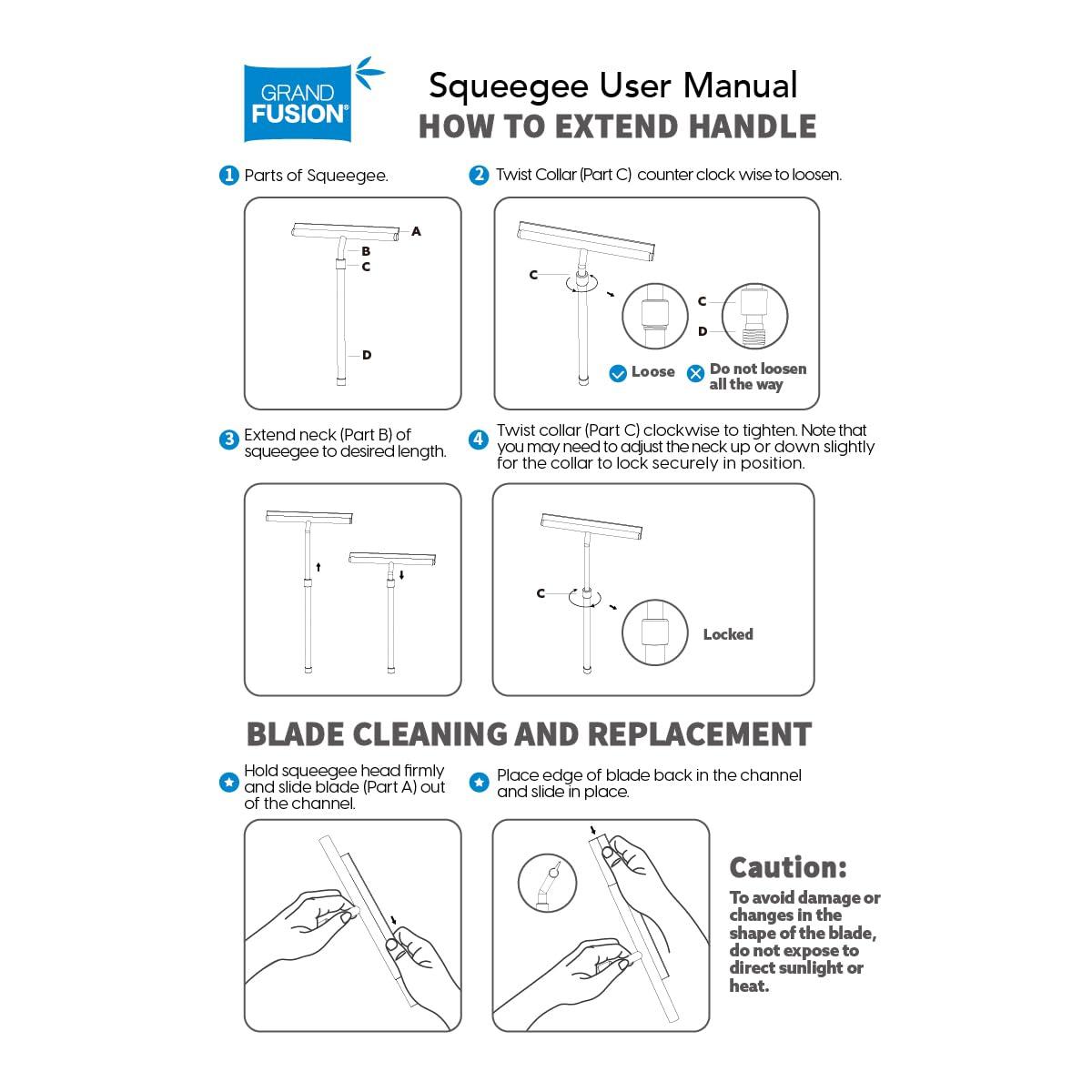 Grand Fusion Housewares Grand Fusion Shower Squeegee with Long Handle for Glass Doors, Tile Walls, Mirrors and Windows. Telescoping Squeegee for Glass Cleaning. Bathroom Stainless Steel Squeegee, 10inch Wide, Chrome  1pk