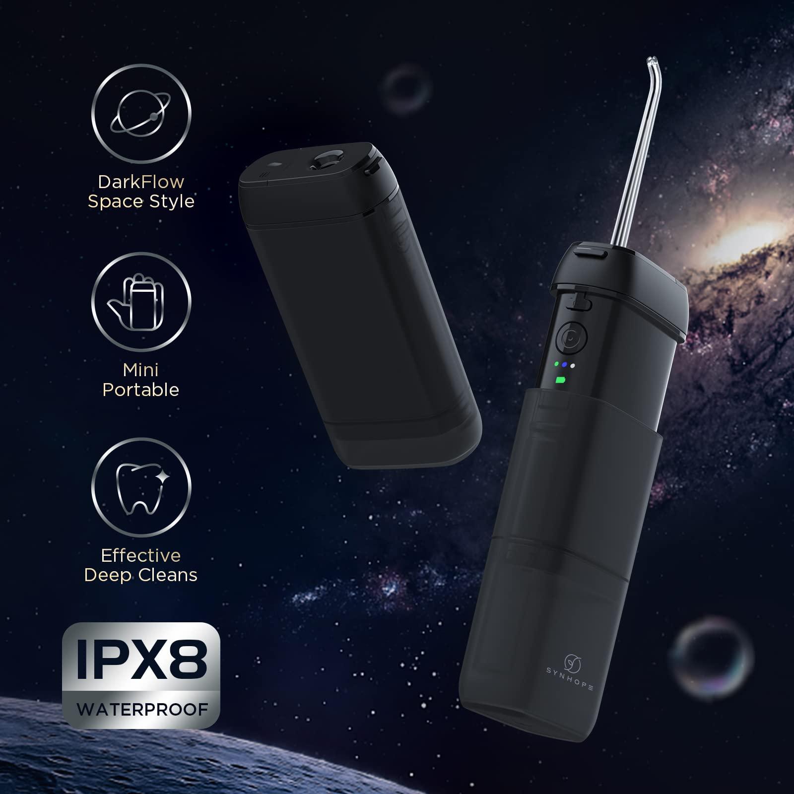 SYNHOPE Water Flosser [ Mini Cordless Portable ] Oral Irrigator Water Teeth Cleaner Pick, Telescopic Water Tank, 3 Modes & IPX7 Waterproof, Home & Travel Water Floss for Teeth, Braces Bridges Care (Black)