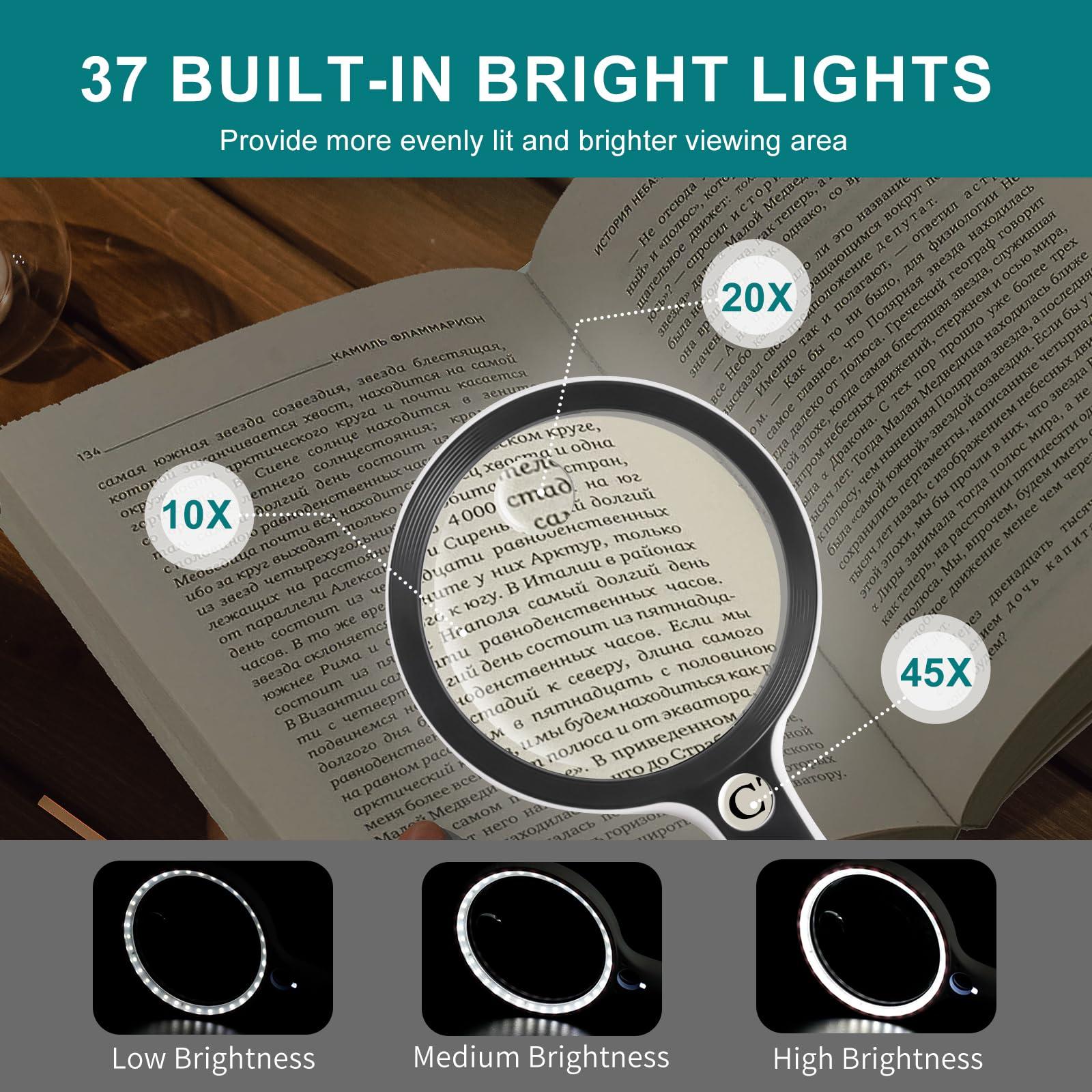 GABORISH Large Magnifying Glass with 37 LED Light, 10X 20X 45X Handheld Illuminated Lighted Magnifier for Seniors Reading, Inspection, Coins, Exploring Close Work