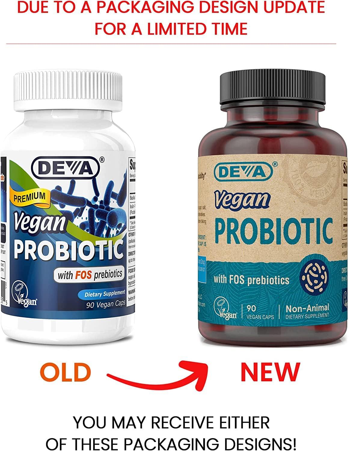 DEVA DEVA Vegan Probiotic with FOS Prebiotics Supplement - 2 Billion CFU with 100 MG of Prebiotics Per Serving for Men & Women - Non-Dairy Gluten Free - Naturally Shelf Stable - 90 Capsules (Pack of 2)