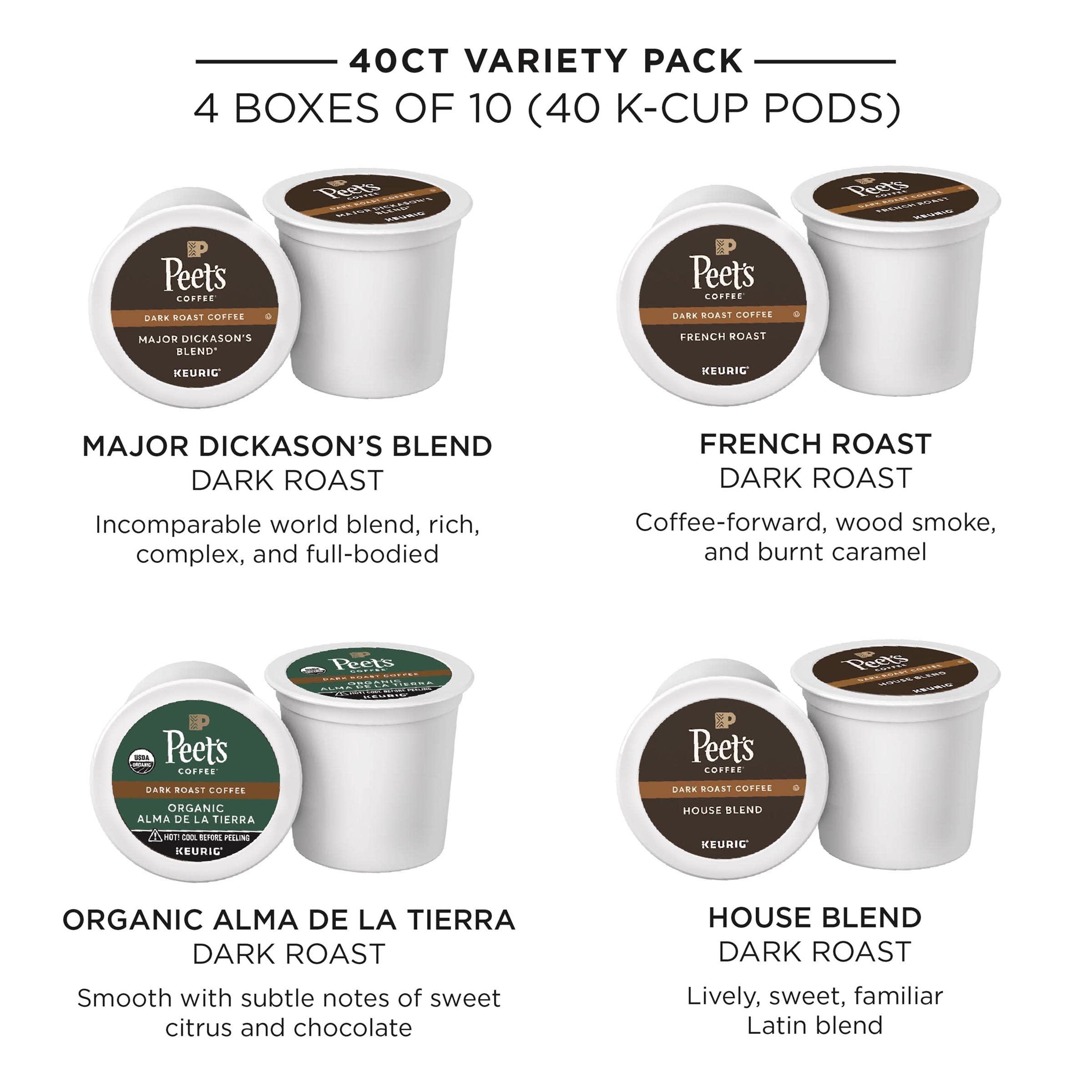 Peet's Coffee Peet\'s Coffee, Keurig K-Cup Pods Dark Roast Variety Pack - Major Dickason\'s Blend, French Roast, Organic Alma De La Tierra, House Blend, 40 Count (4 Boxes of 10 K-Cup Pods)