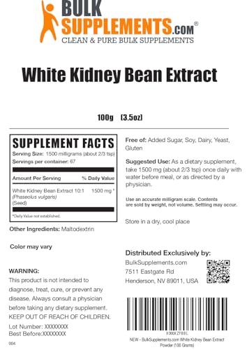 BulkSupplements BulkSupplements.com White Kidney Bean Extract Powder - White Kidney Bean Powder, Herbal Supplement - Gluten Free, 1500mg per Serving, 100g (3.5 oz) (Pack of 1)