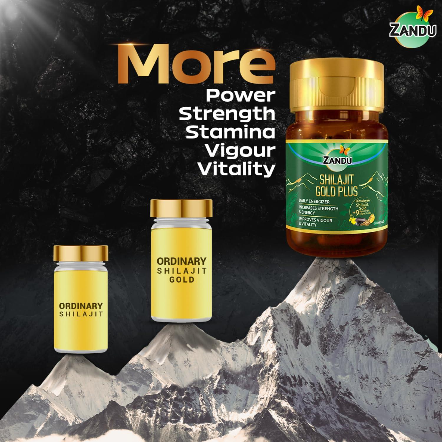 Zandu Zandu Shilajit Gold Plus| Scientifically tested advanced formula| Made using 100% Pure Himalayan Shilajit, Gold & 9 Ayurvedic herbs |Enhances strength, stamina, vigour, vitality and power | 20 Caps