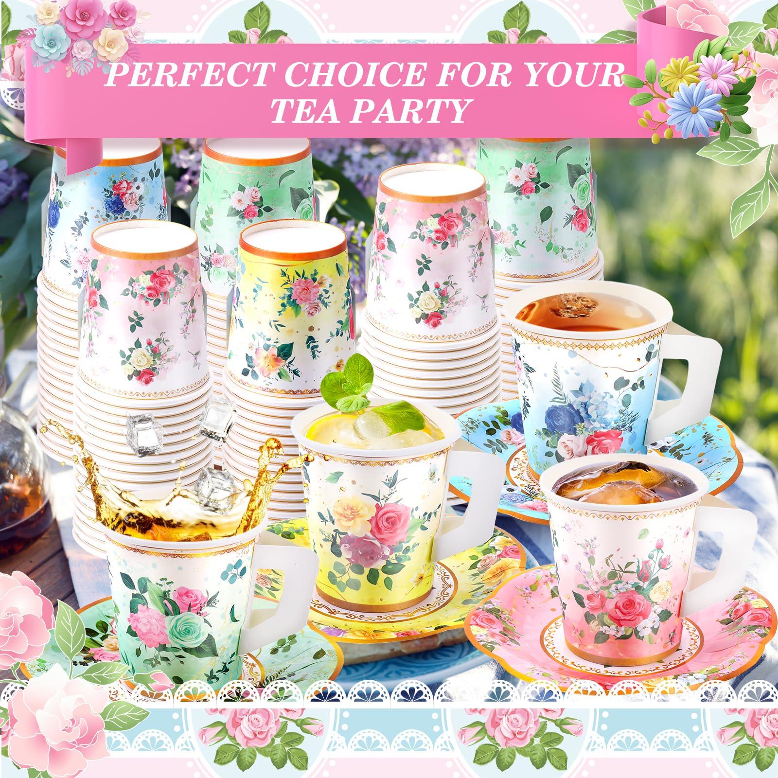 SUMMORO SUMMORO 160 Pcs Floral Paper Tea Cups and Saucers 7 OZ Disposable Paper Tea Cups with Handle and Plates for Tea Party Decoration Birthday Baby Shower Bridal Wedding Mother\'s Day