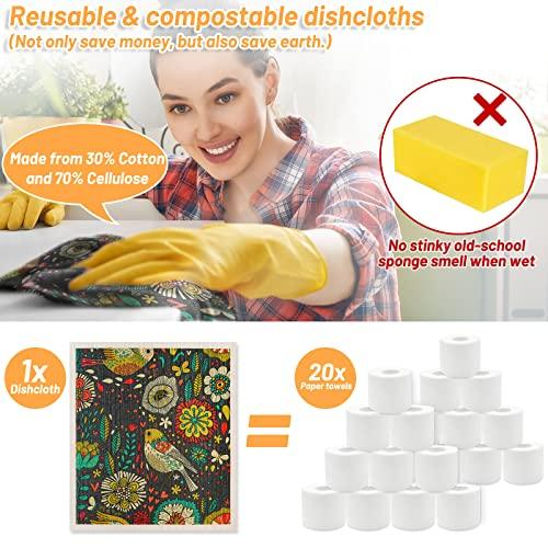 Lucomb Lucomb 8 Pack Swedish Dishcloths for Kitchen, Reusable Soft Kitchen Towels Dish Cloths Set Absorbent Sponge Cleaning Washable Quick Drying Bar Hand Washing (Birds Flowers)