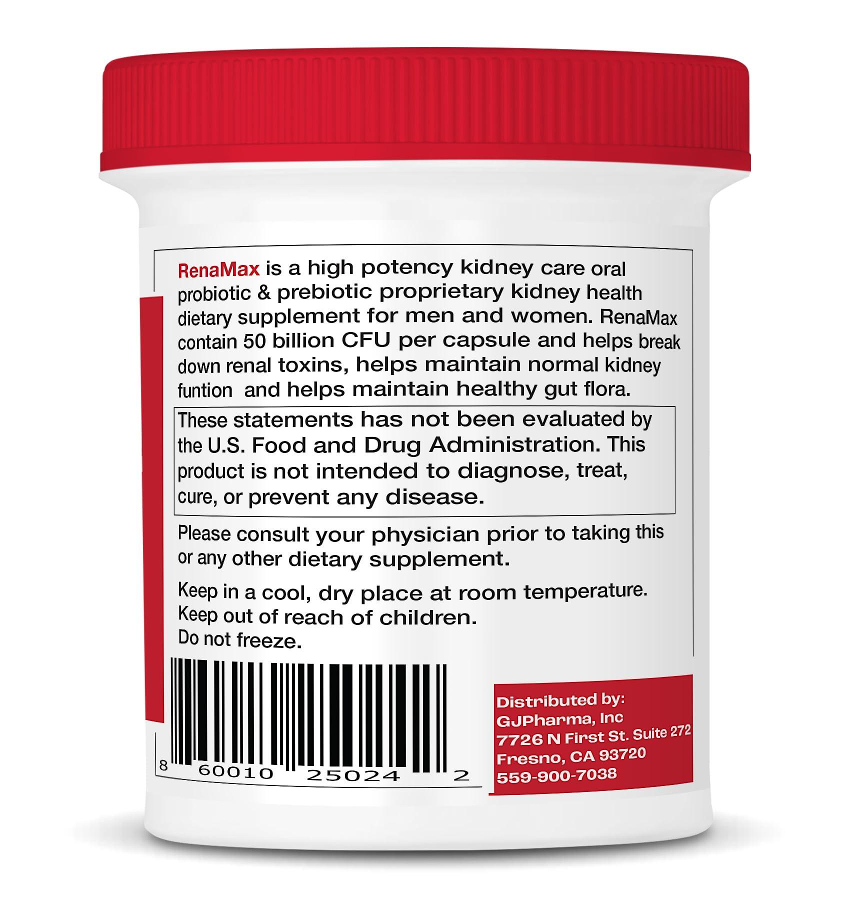 RENAMAX RENAMAX Capsule Kidney Restores & Kidney Care Supplement - Probiotic & Prebiotic Supplement to Support Normal Kidney Function - 50 Billion CFU per Capsule - Made in U.S.A (90 Caps (Pack of 1))