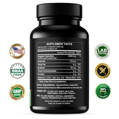 HCL HERBAL CODE LABS Organic Spirulina Powder Capsules 3000 mg - Purest Non-Irradiated Blue Green Algae - Best Raw Vegan Protein - Green Superfood - Natural Multivitamins – 180 Pills Made in The USA