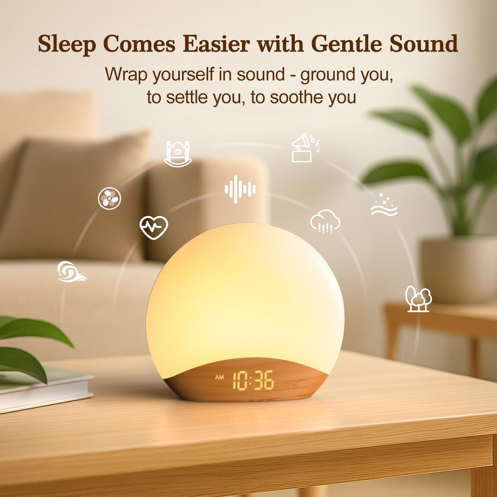 REACHER REACHER Wood Grain Sunrise Alarm Clock and Sound Machine Nightlight, Digital Dimmable Clock for Bedroom, 26 Sleep Sounds, White Noise Machine for Baby, Adults, Wake Up Light Alarm Clock for Kids