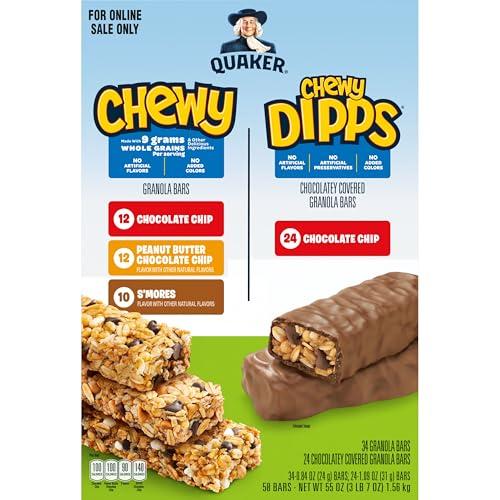 Quaker Quaker Chewy Granola Bars, Chewy & Dipps 4 Flavor Variety Pack, 58 Pack, Chocolate Chip, Peanut Butter Chocolate Chip, Smores flavors