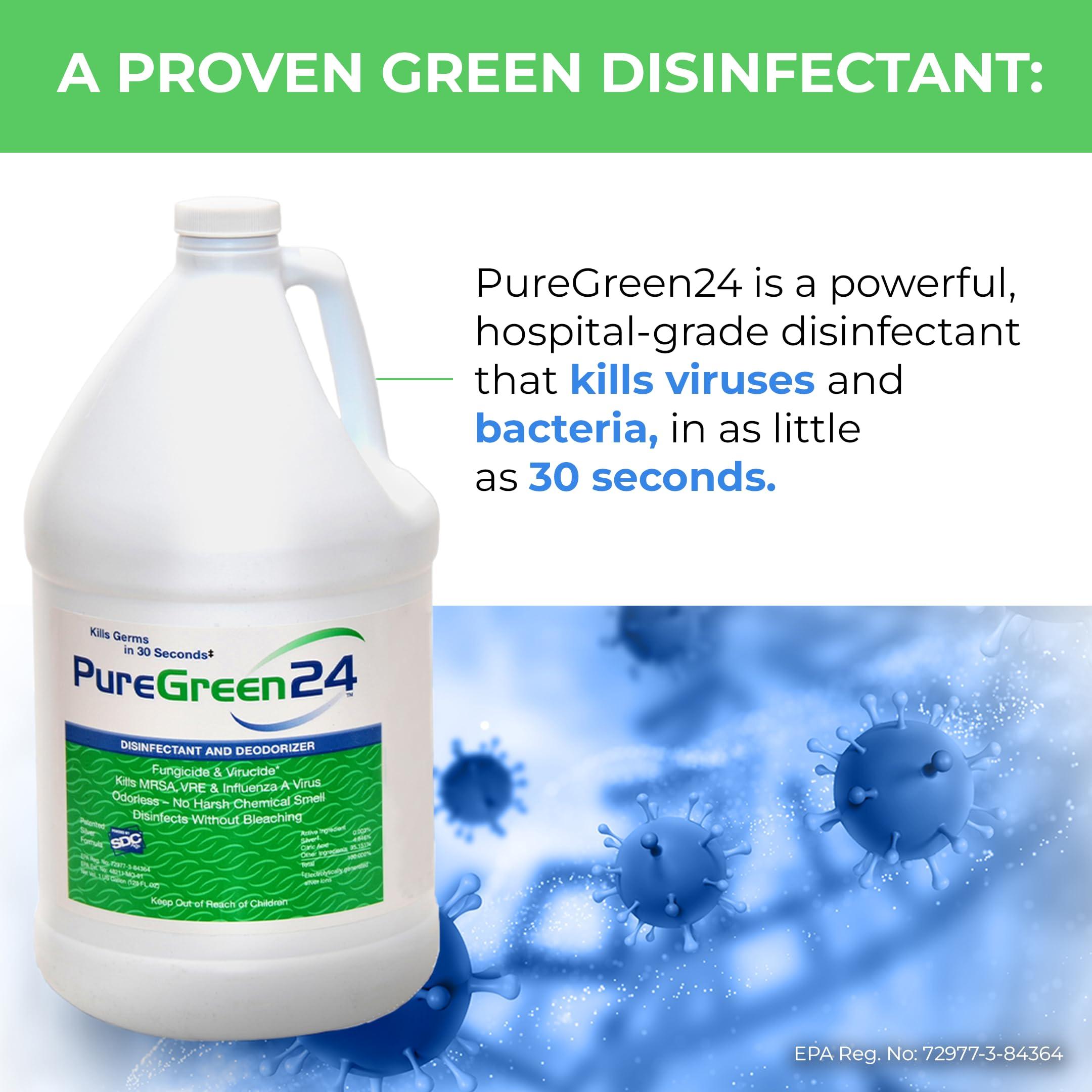 PURE GREEN 24 PureGreen24 Safe & Effective Disinfectant. Kills Deadly Germs including RSV COVID-19 Norovirus MRSA Staph 2025 flu Contains no toxic chemicals odorless child & pet safe 1 gallon bottle ready to use