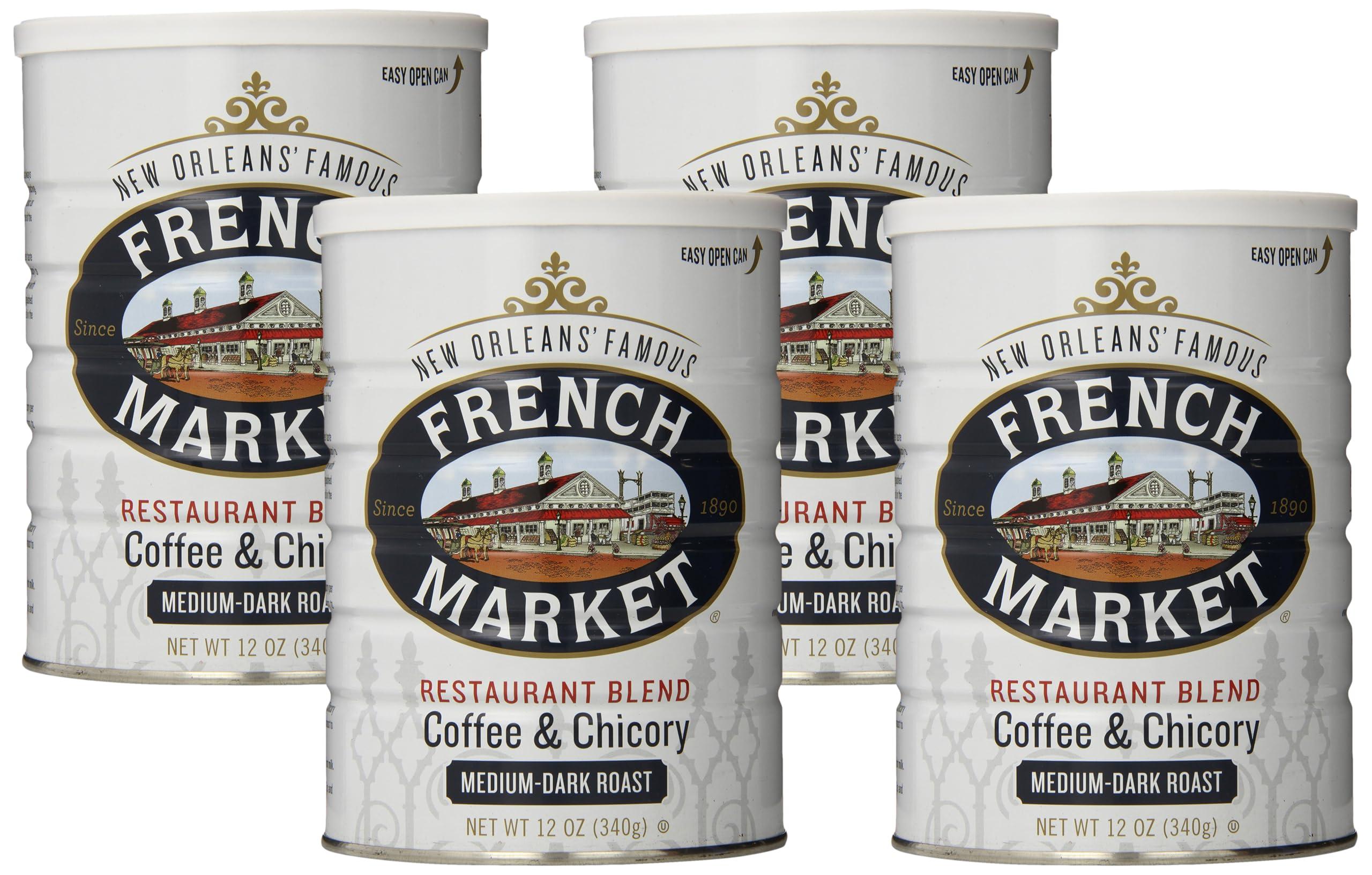 FRENCH MARKET French Market Coffee, Coffee & Chicory Restaurant Blend, Medium-Dark Roast Ground Coffee, 12-Ounce Metal Can (Pack of 4)