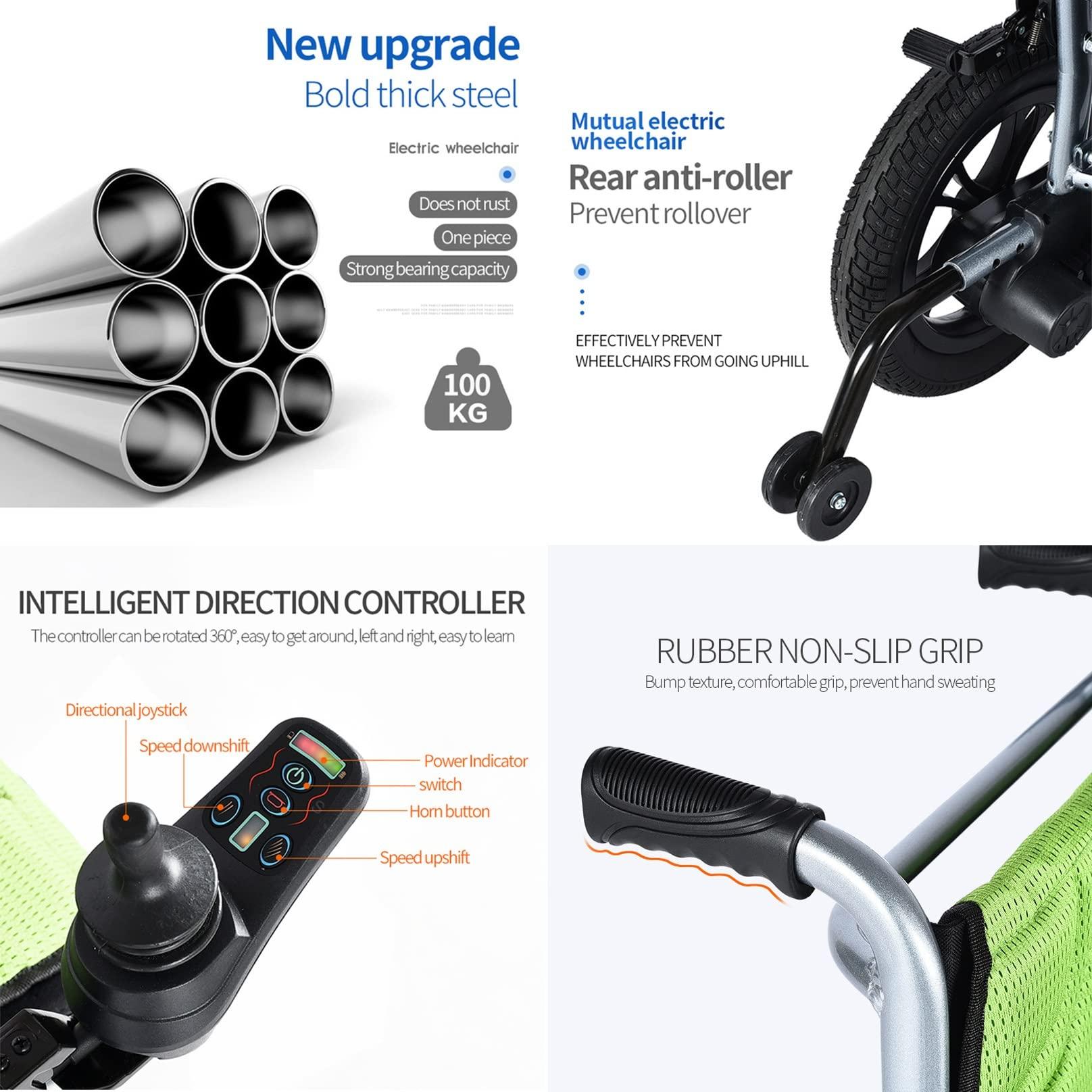 BiiKoon BiiKoon Lightweight Electric Wheelchair Motorized Power Wheelchairs Folding Power Drive Wheel Chair Elderly Disabled Transit Travel Chair for All Terrain (Color : Green)