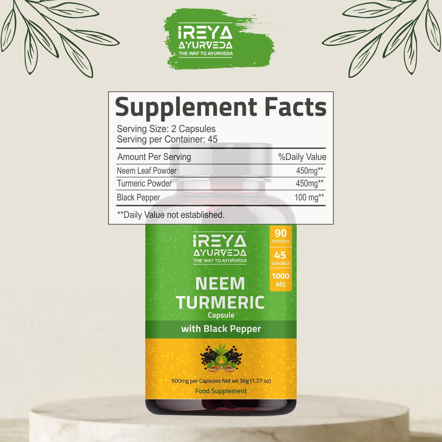 Ireya Ayurveda Neem Turmeric Capsules | 90 Capsules 1000mg | Neem Capsules Made Black Pepper Neem, Turmeric, & Black Pepper | (90 Capsules)