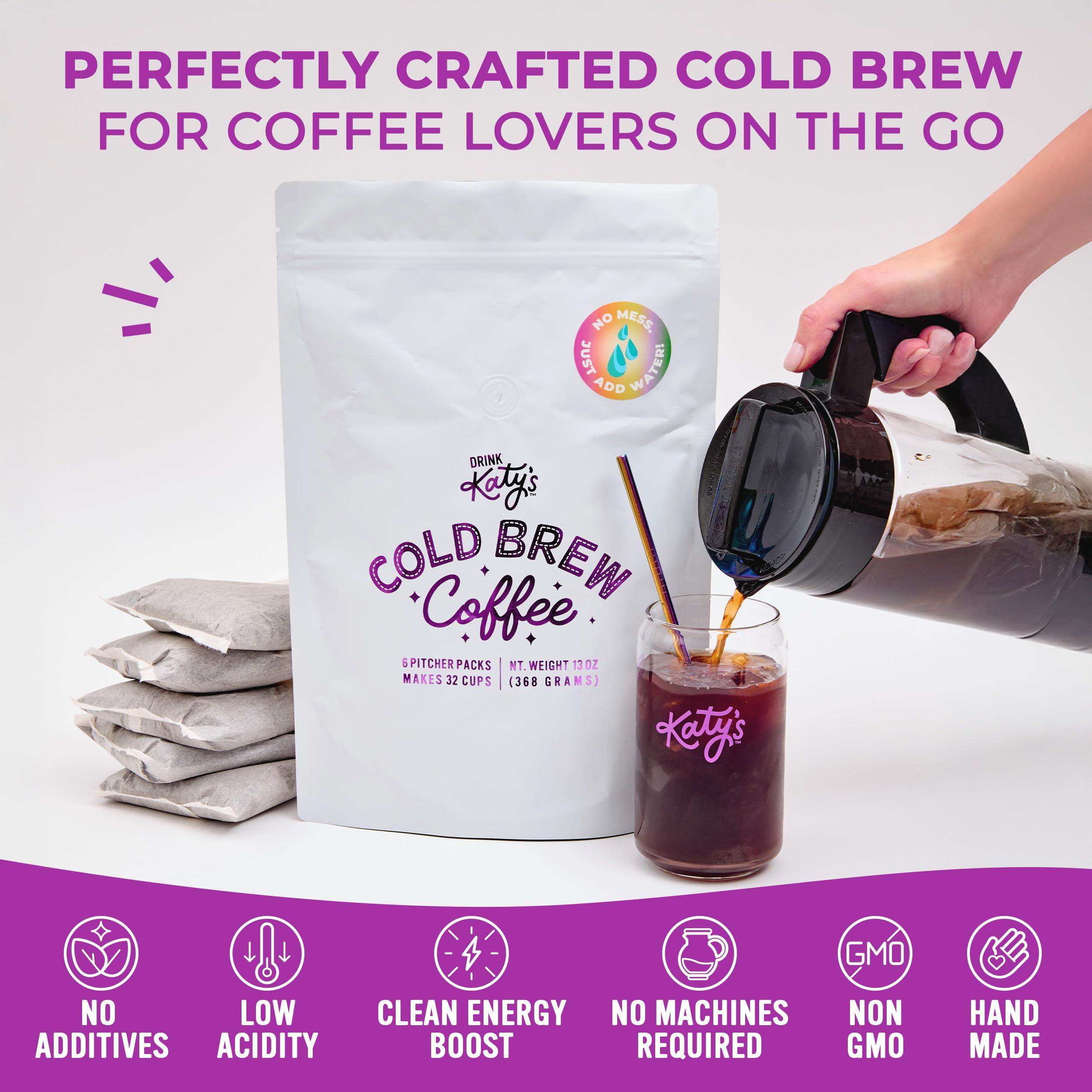 DRINK KATY'S Drink Katys Cold Brew Coffee Packs, 6 Large Ready-to-Brew Pitcher Packets, No More Messy Cold Brew, Smooth & Delicious Dark Roast Brazilian Craft Coffee, Proudly Woman-Owned (Makes 32 Servings) (6 Pack, Cold Brew)