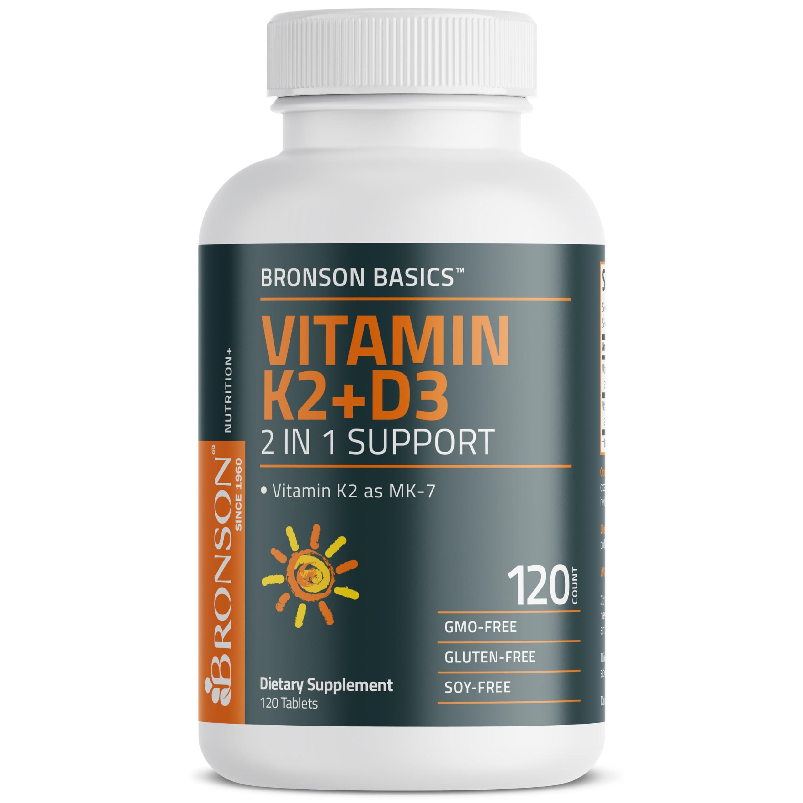 Bronson Bronson Basics Vitamin K2 D3 (MK7) Supplement Non-GMO Formula 5000IU (125 mcg) Vitamin D3 & 90 mcg Vitamin K2 MK-7 Easy to Swallow Vitamin D & K Complex, 120 Tablets