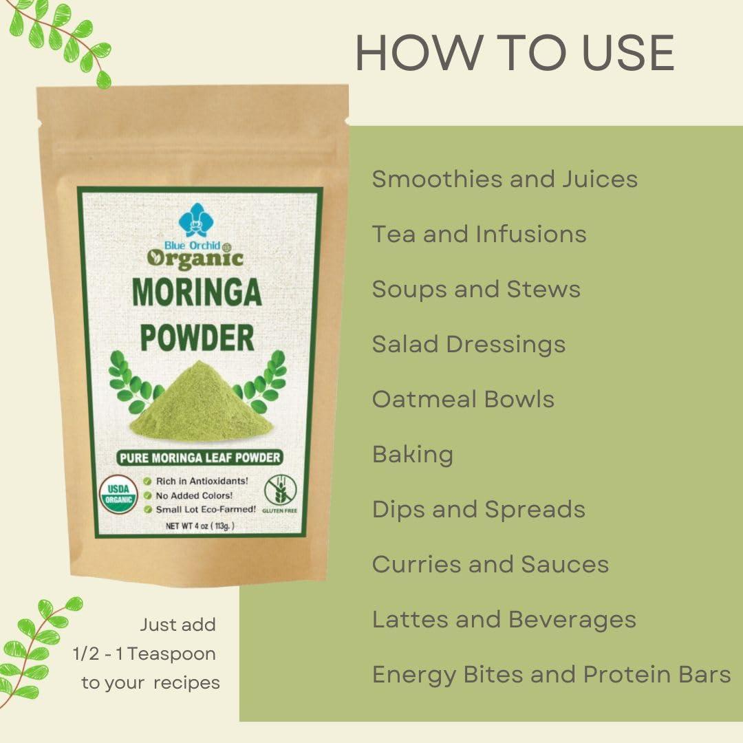 Blue Orchid Organic Organic Moringa Powder - Raw Sun Dried Oleifera Leaf Powder - for Healthy Herbal Tea, Smoothies, Sauces, and Dips (16 OZ)