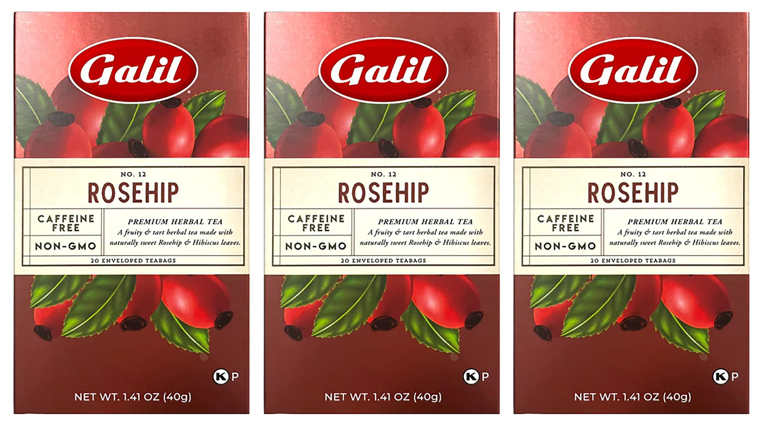 Galil Galil Rosehip Tea – Caffeine-Free Herbal Tea, Certified Kosher Tea – Non-GMO Rosehip Teabags 20 Count, 60 Tea Sachets Total (Pack of 3)