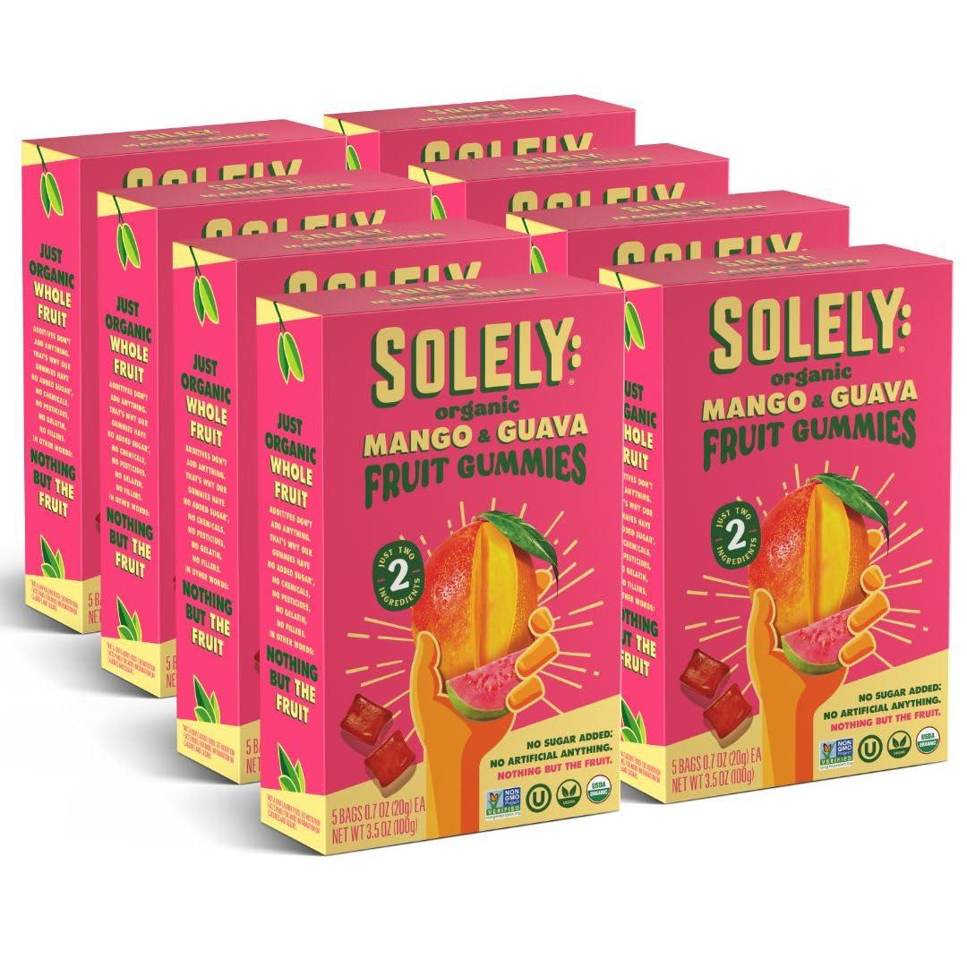 SOLELY SOLELY - Organic Mango & Guava Whole Fruit Gummies (Pack of 8 Boxes, 5 Bags per Box) - Real Fresh Fruit - Healthy Snacks for Adults & Kids - Non GMO, Vegan Snacks, Shelf Stable - 40 Bags (3.5 oz)