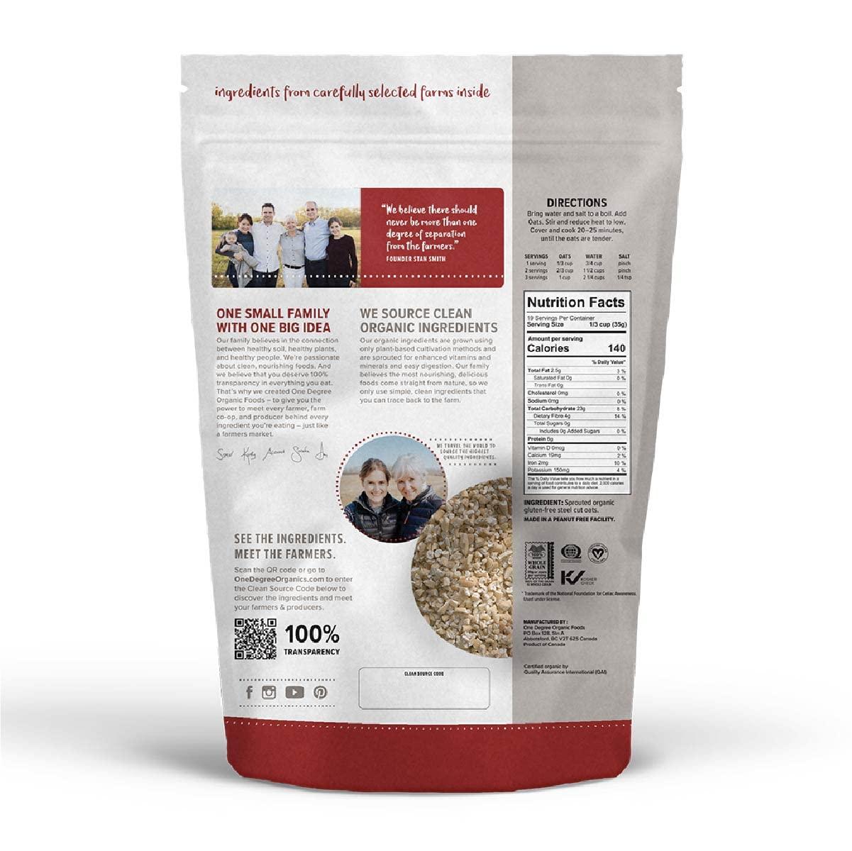 One Degree Organic Foods One Degree Organic Foods Sprouted Steel Cut Oats, USDA Organic, Non-GMO Gluten Free Oatmeal, 24 oz., 4 Pack
