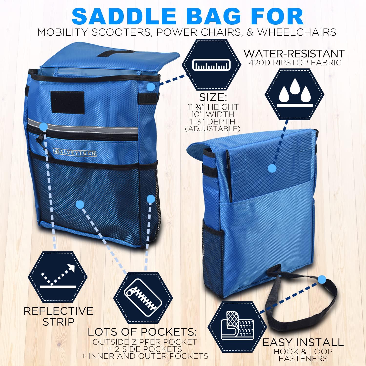 AlveyTech AlveyTech Saddle Bag for Mobility Scooter, Wheelchair, & Power Chair (Large, Blue) - Armrest Accessories Holder for Wheelchairs and Electric Scooters, Side Pouch Storage Organizer, Bags for Adults